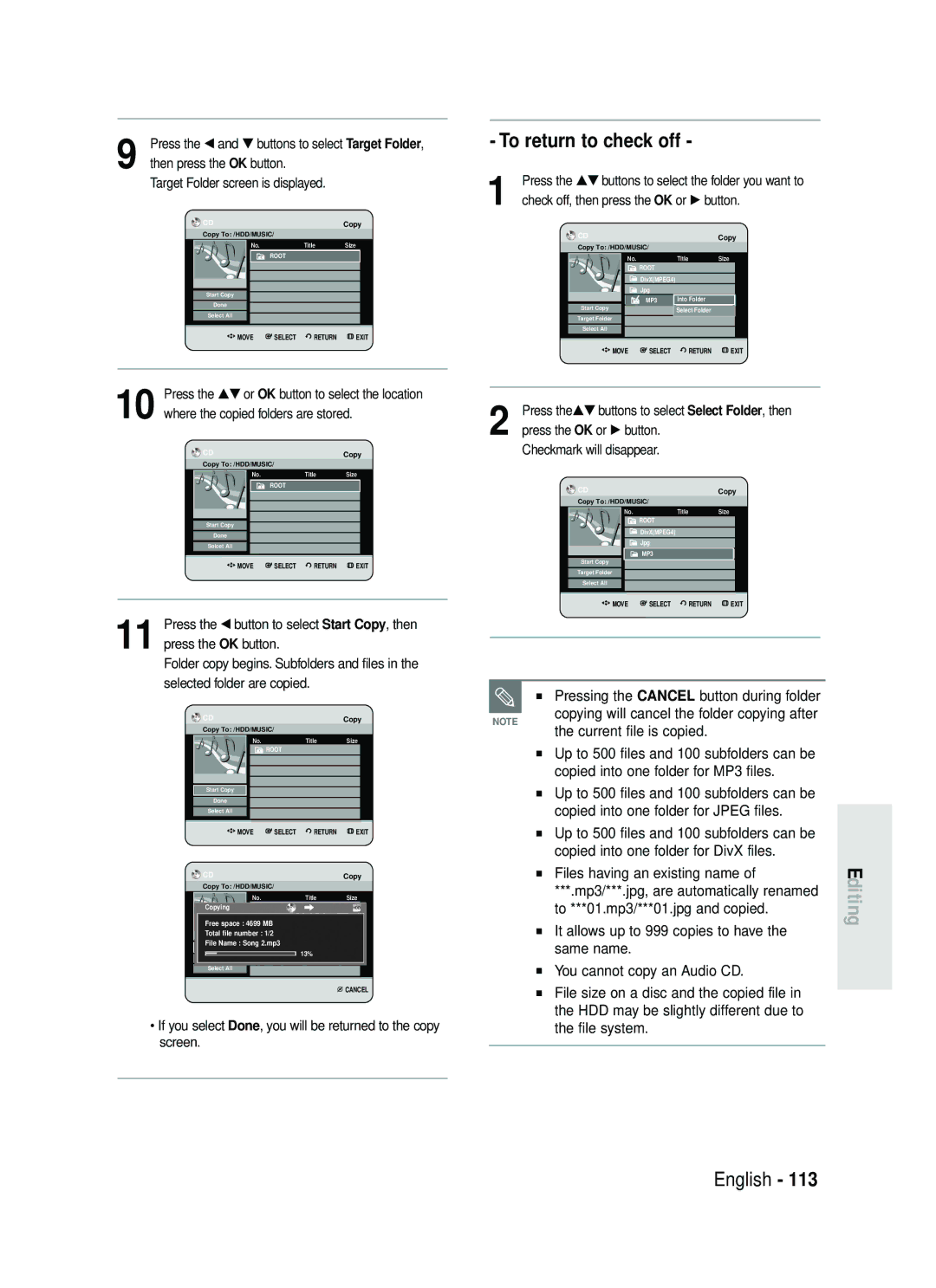 Samsung DVD-HR738 instruction manual To return to check off 