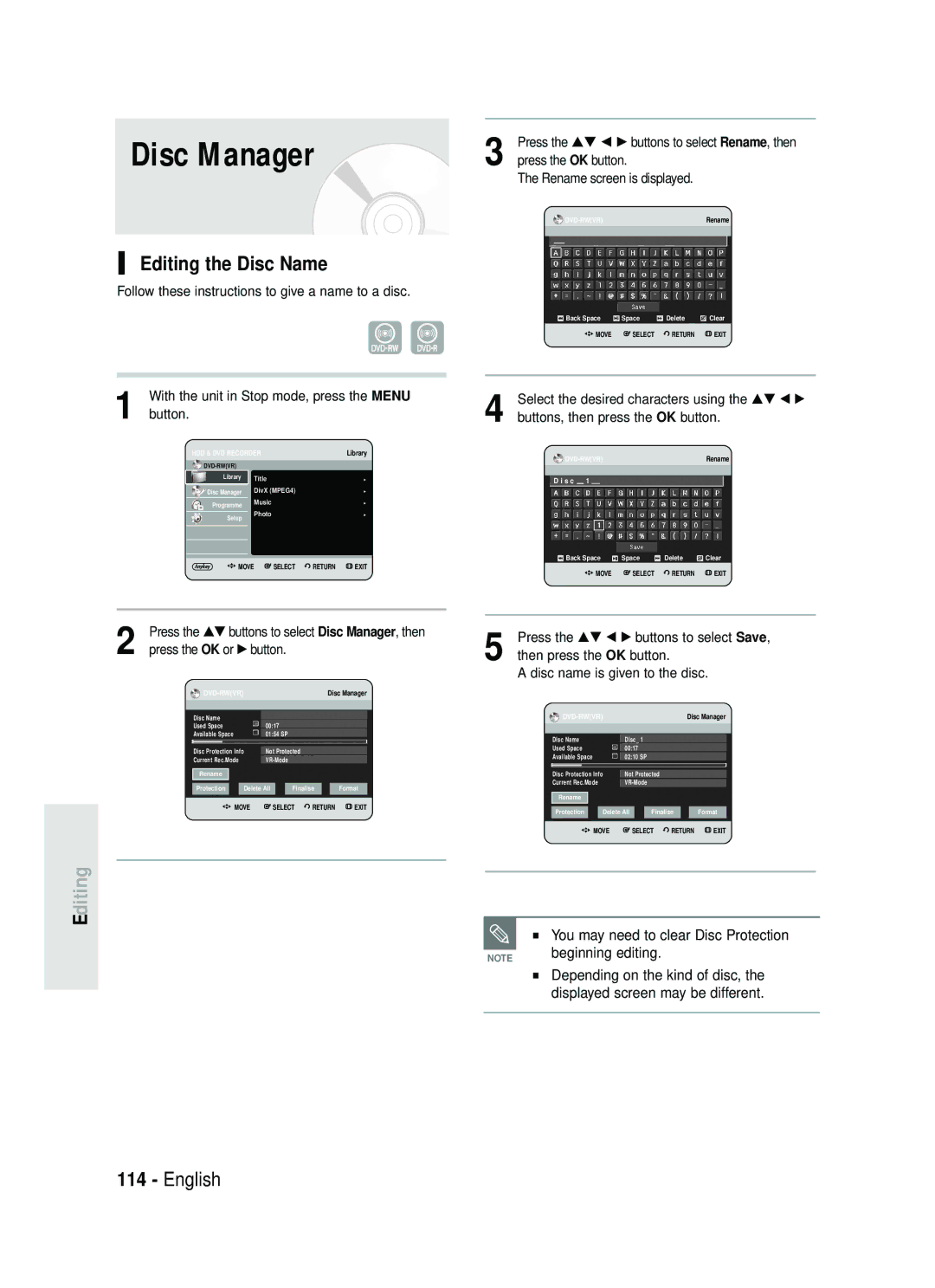 Samsung DVD-HR738 Disc Manager, Editing the Disc Name, Beginning editing, You may need to clear Disc Protection 