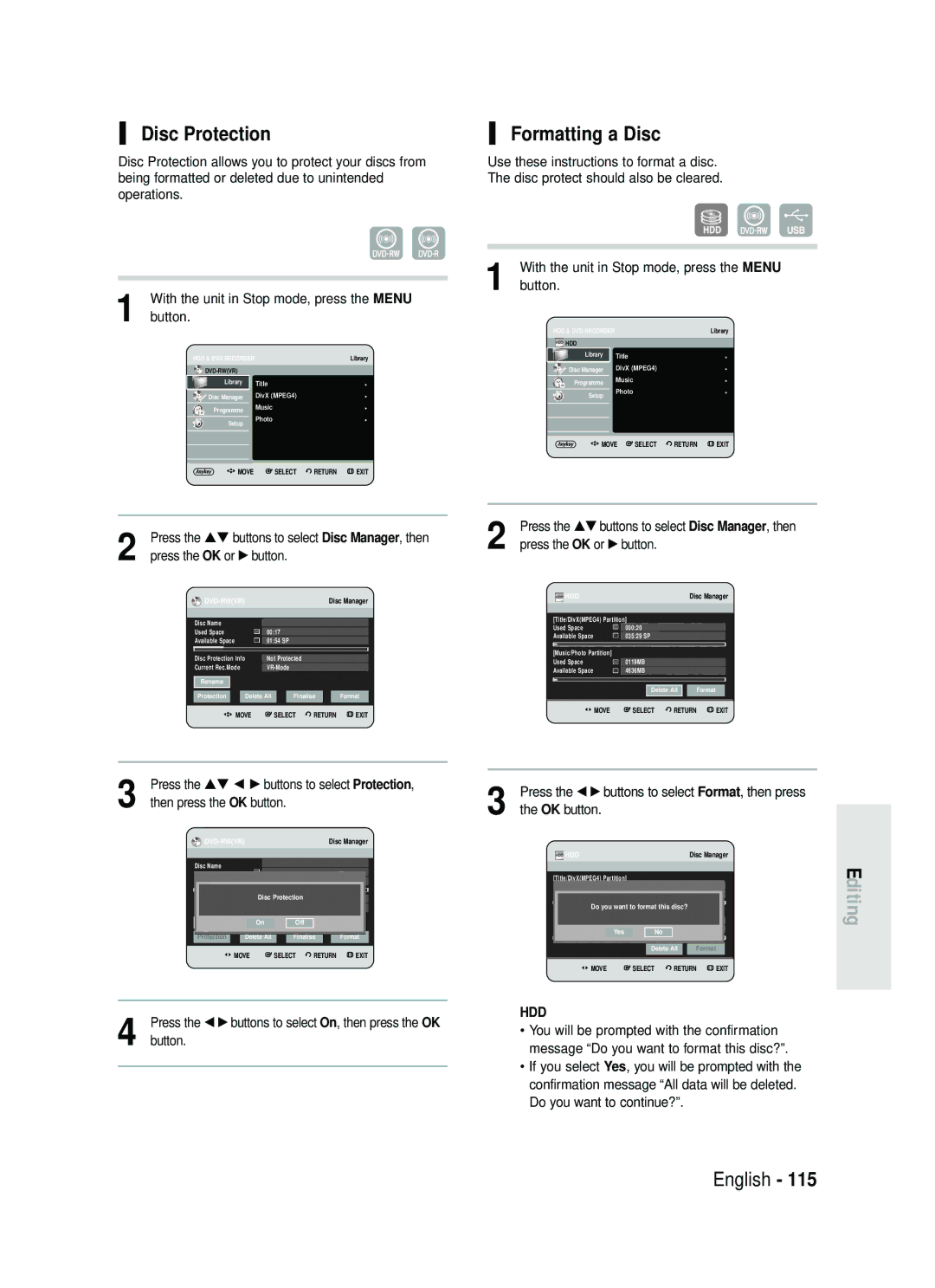 Samsung DVD-HR738 instruction manual Disc Protection, Formatting a Disc 