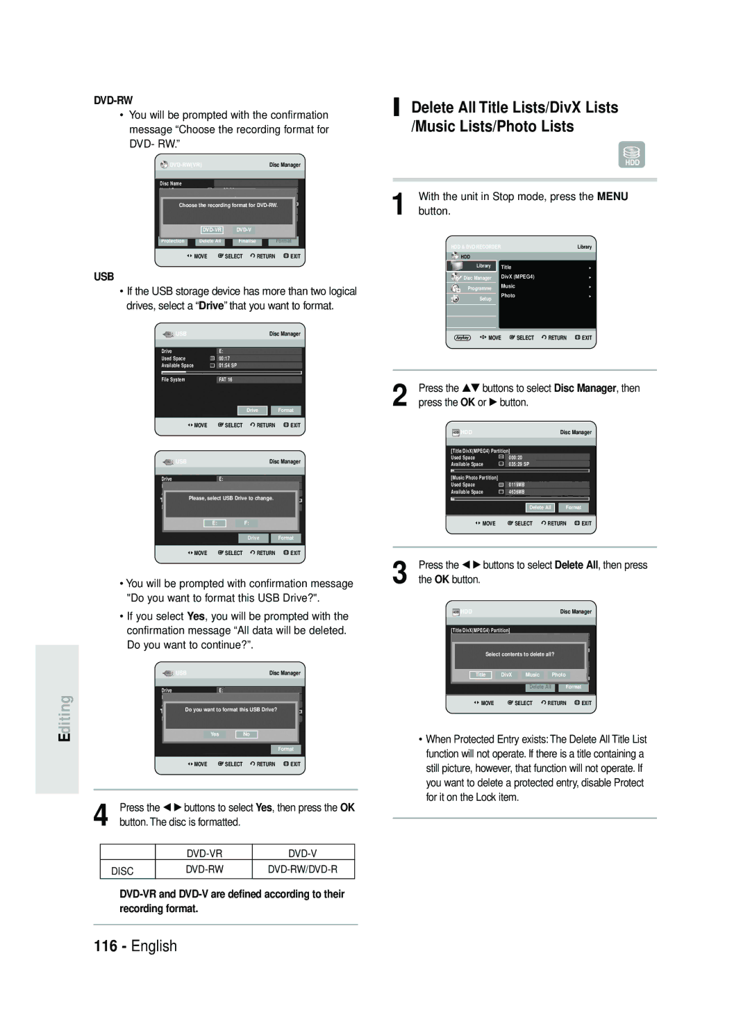 Samsung DVD-HR738 instruction manual Delete All Title Lists/DivX Lists /Music Lists/Photo Lists, Dvd-Rw 