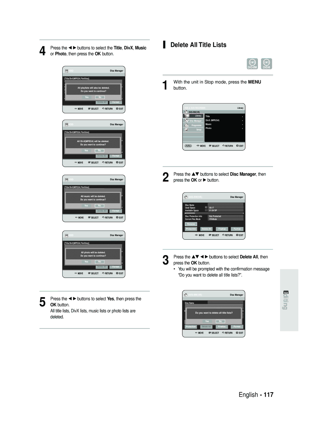 Samsung DVD-HR738 instruction manual Delete All Title Lists 