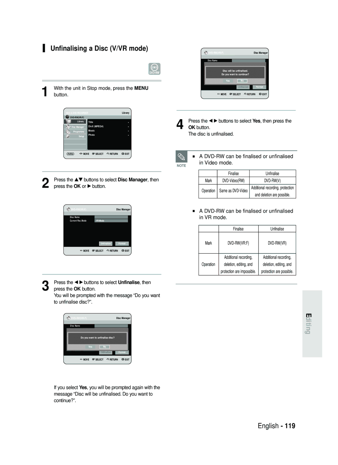 Samsung DVD-HR738 instruction manual Unfinalising a Disc V/VR mode, DVD-RW can be finalised or unfinalised Video mode 