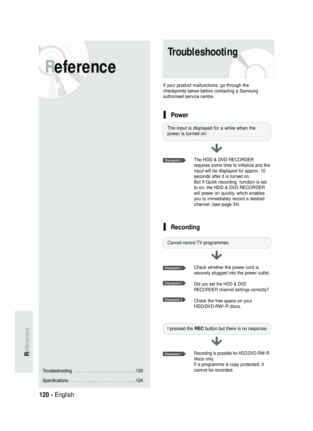 Samsung DVD-HR738 instruction manual Troubleshooting, Reference, Power, Recording 