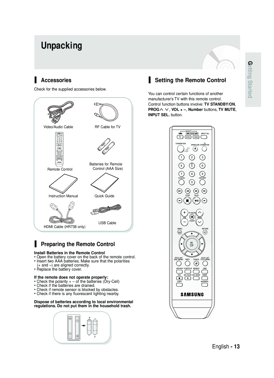 Samsung DVD-HR738 instruction manual Unpacking, Accessories, Preparing the Remote Control, Setting the Remote Control 