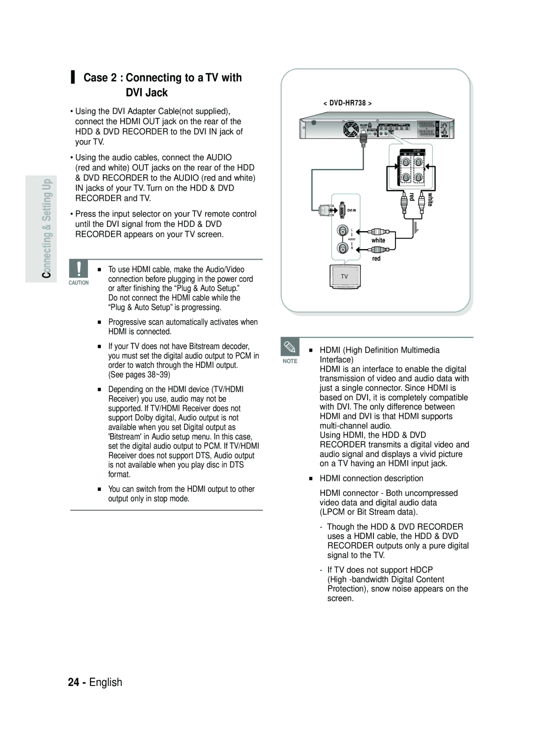 Samsung DVD-HR738 instruction manual Case 2 Connecting to a TV with DVI Jack 