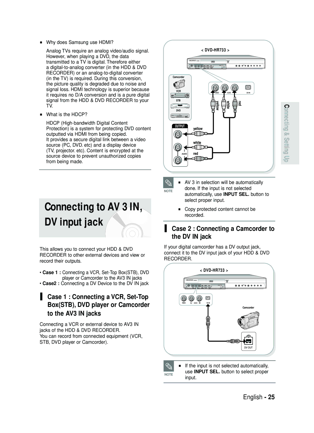 Samsung DVD-HR738 DV input jack, Case 2 Connecting a Camcorder to the DV in jack, AV 3 in selection will be automatically 