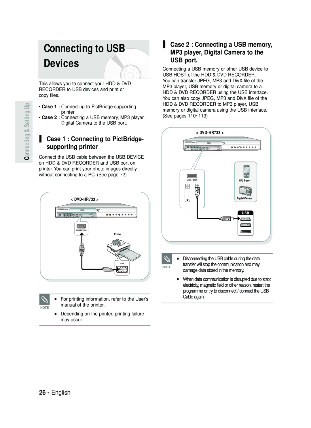 Samsung DVD-HR738 instruction manual Devices, Case 1 Connecting to PictBridge, Supporting printer 