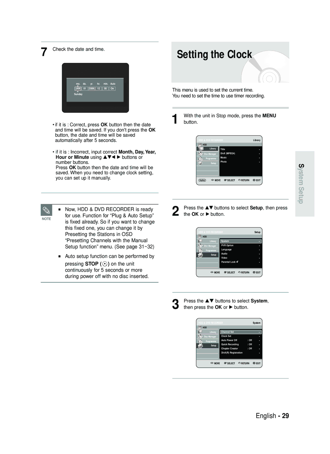 Samsung DVD-HR738 Setting the Clock, Now, HDD & DVD Recorder is ready, Auto setup function can be performed by 