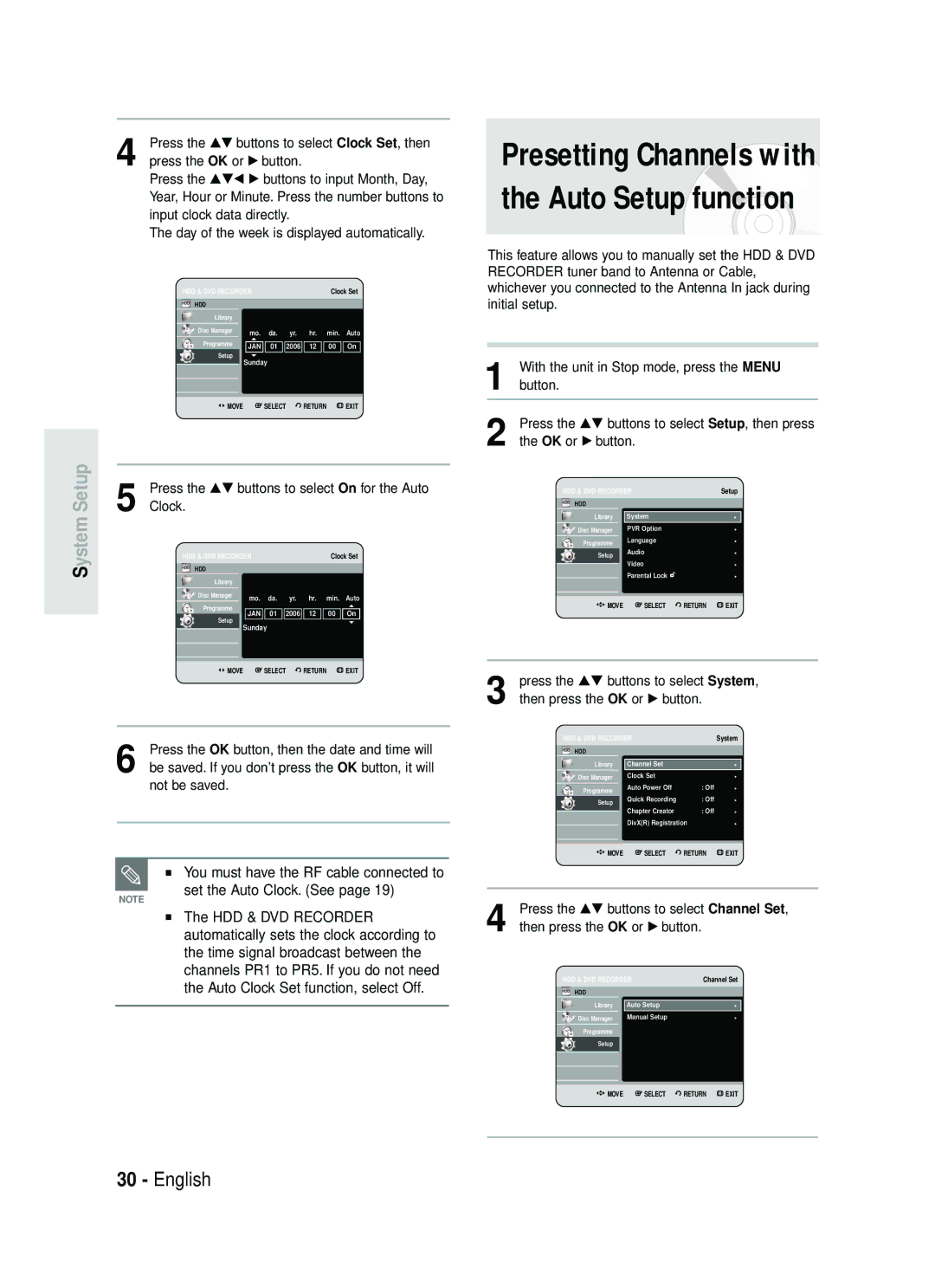 Samsung DVD-HR738 Setup, Press the …† buttons to select Clock Set, then, Press the …† buttons to select Channel Set 