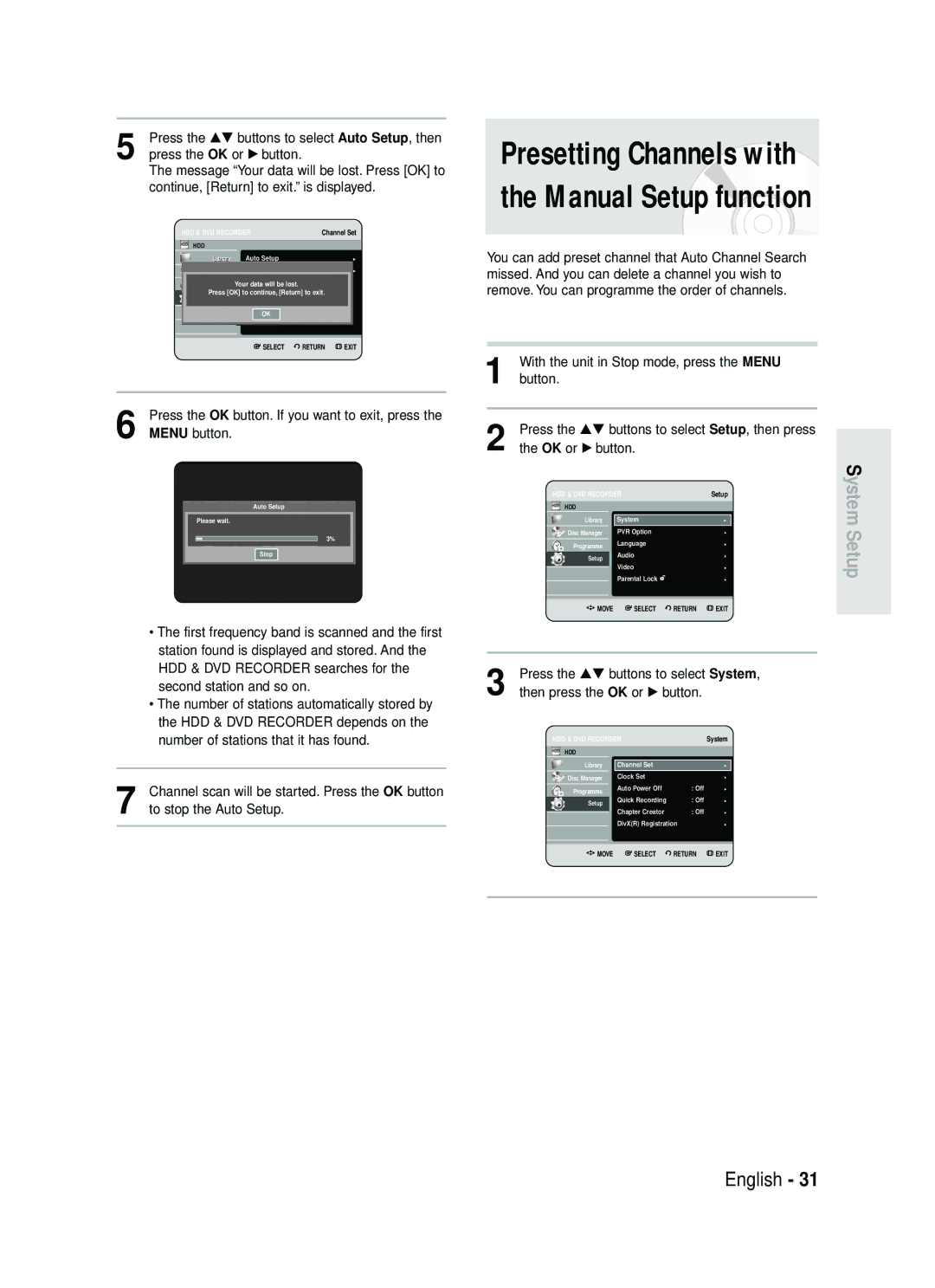 Samsung DVD-HR738 instruction manual Presetting Channels with the Manual Setup function 