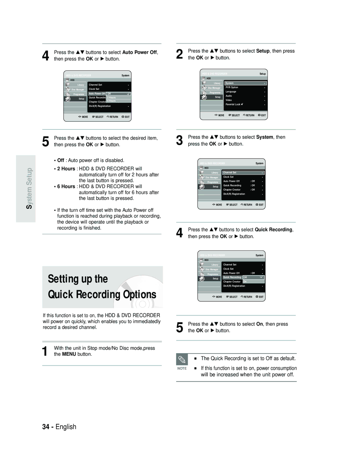 Samsung DVD-HR738 instruction manual Setting up, Press the …† buttons to select System, then, Press the OK or √ button 