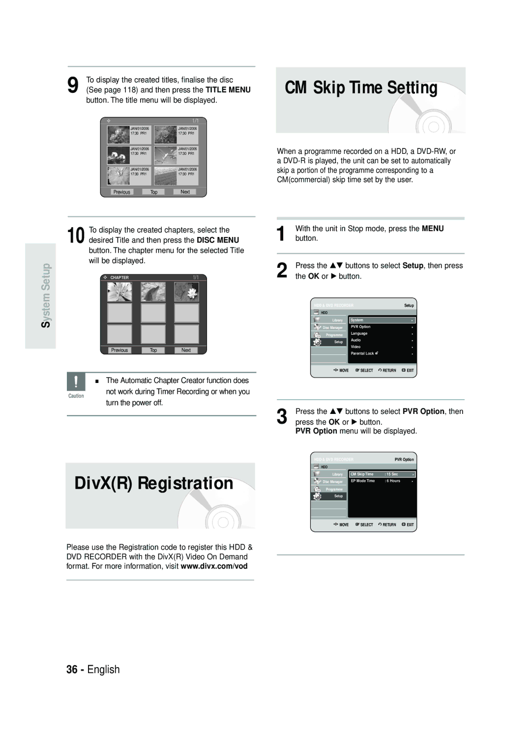 Samsung DVD-HR738 instruction manual CM Skip Time Setting, DivXR Registration 