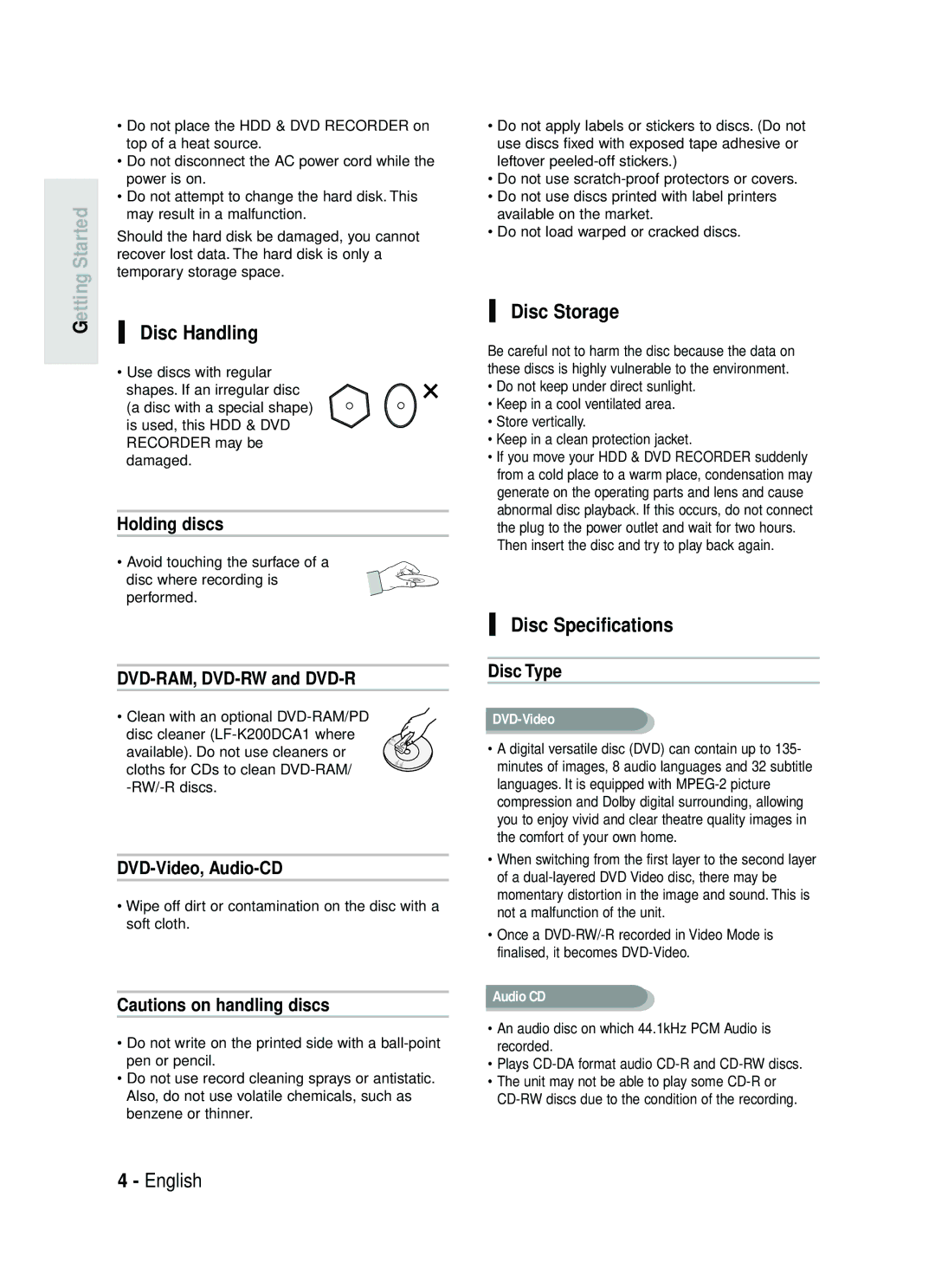 Samsung DVD-HR738 instruction manual Getting, Disc Handling, Disc Storage, Disc Specifications 