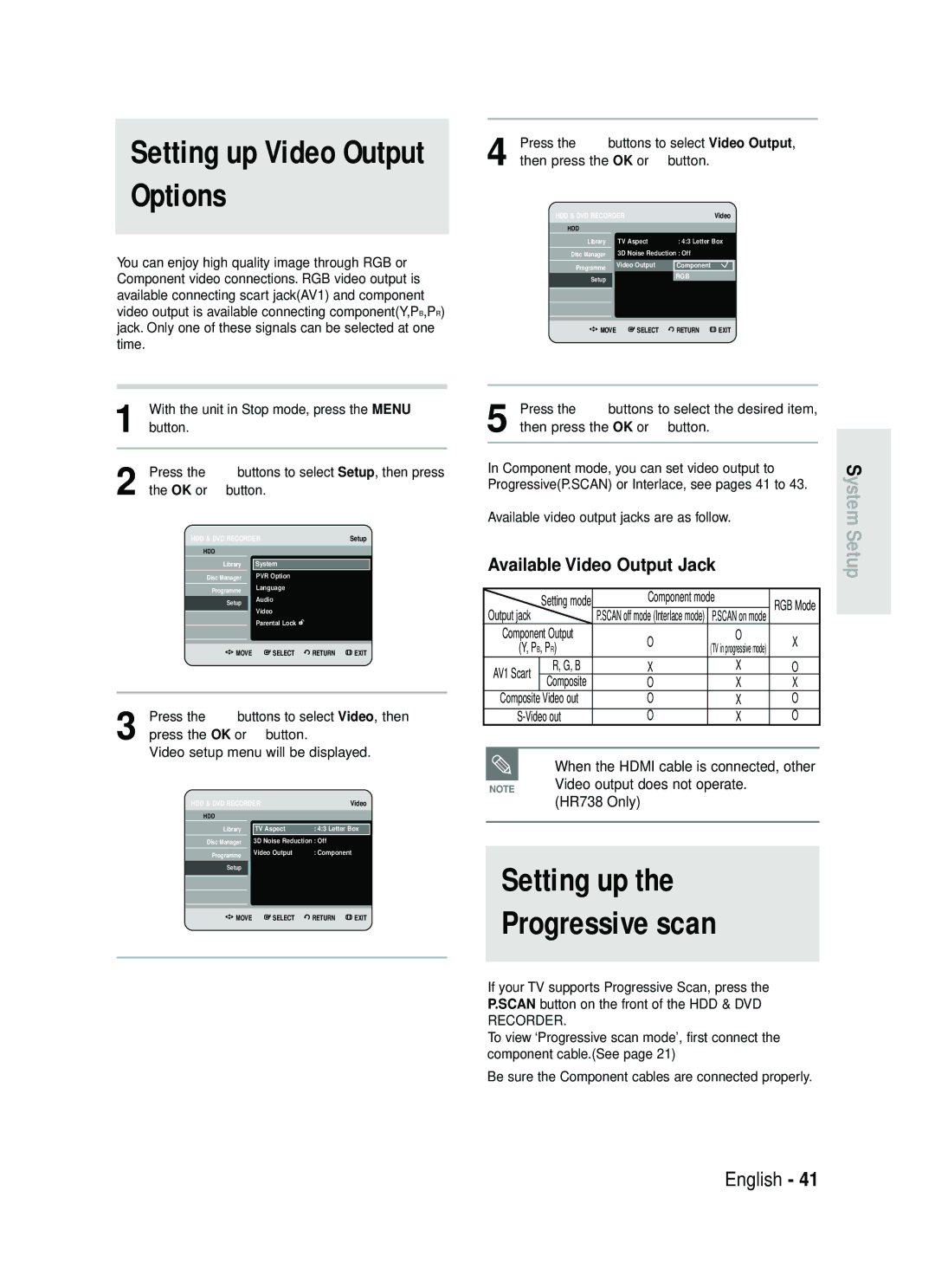 Samsung DVD-HR738 Setting up Progressive scan, Available Video Output Jack, When the Hdmi cable is connected, other 