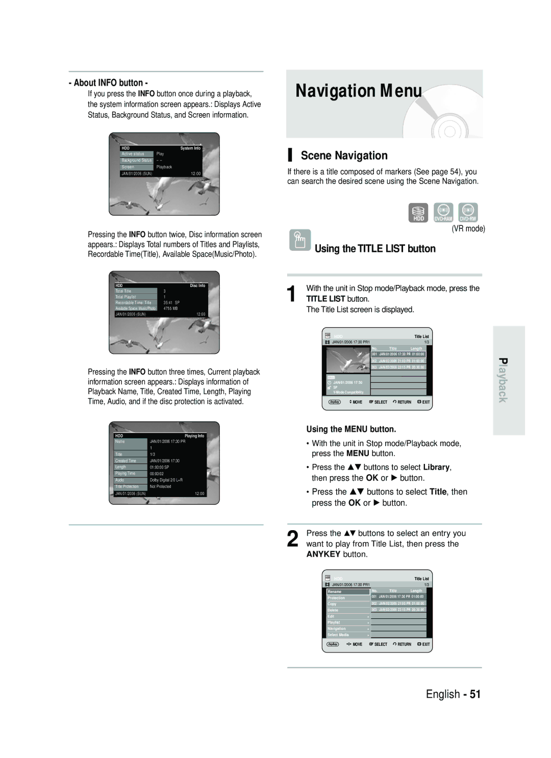 Samsung DVD-HR738 instruction manual Navigation Menu, Scene Navigation, About Info button, VR mode 