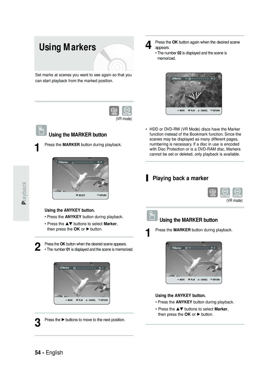 Samsung DVD-HR738 instruction manual Using Markers, Layback P, Playing back a marker, Using the Marker button 