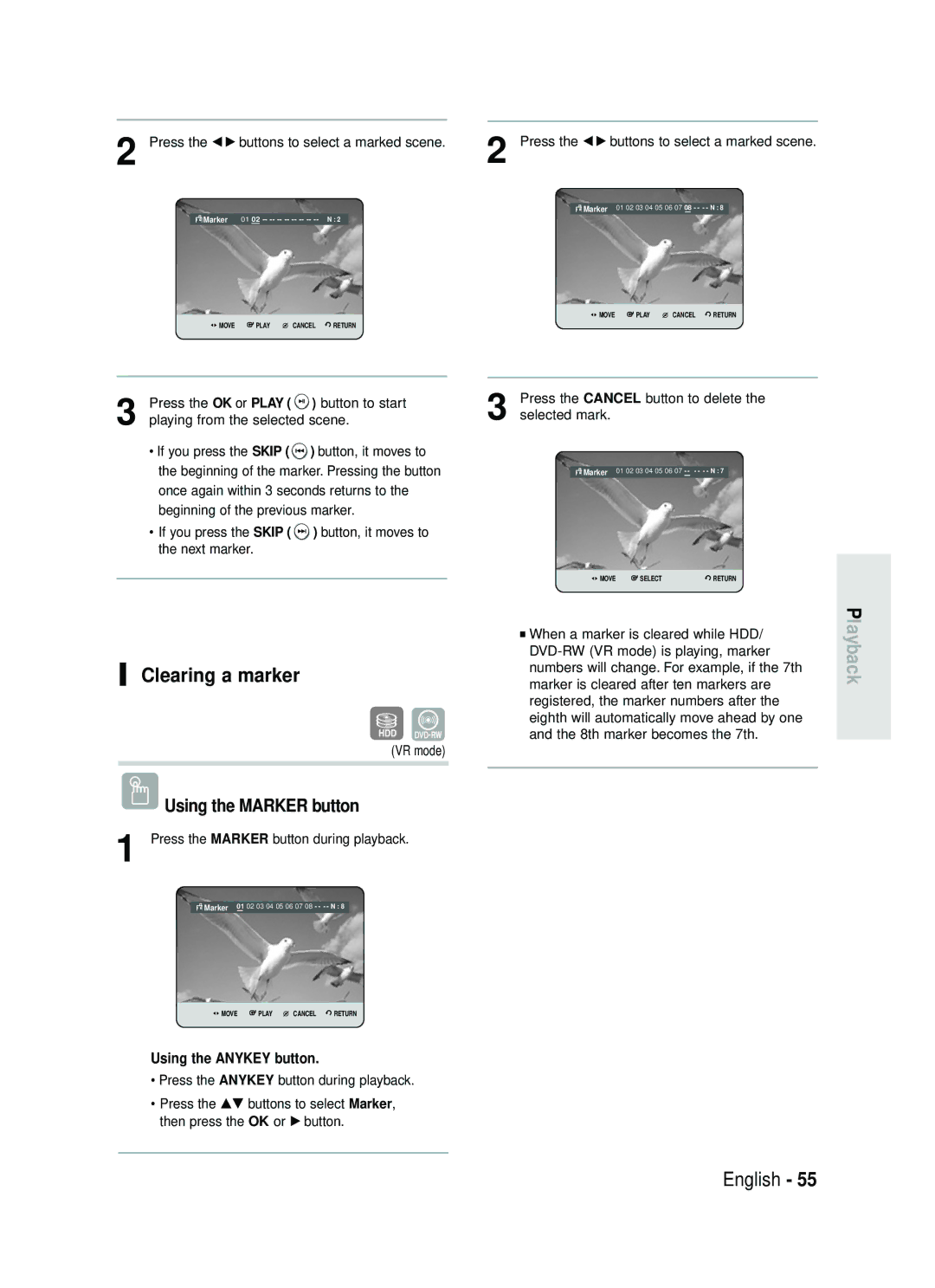 Samsung DVD-HR738 instruction manual Clearing a marker, Press the œ √ buttons to select a marked scene 