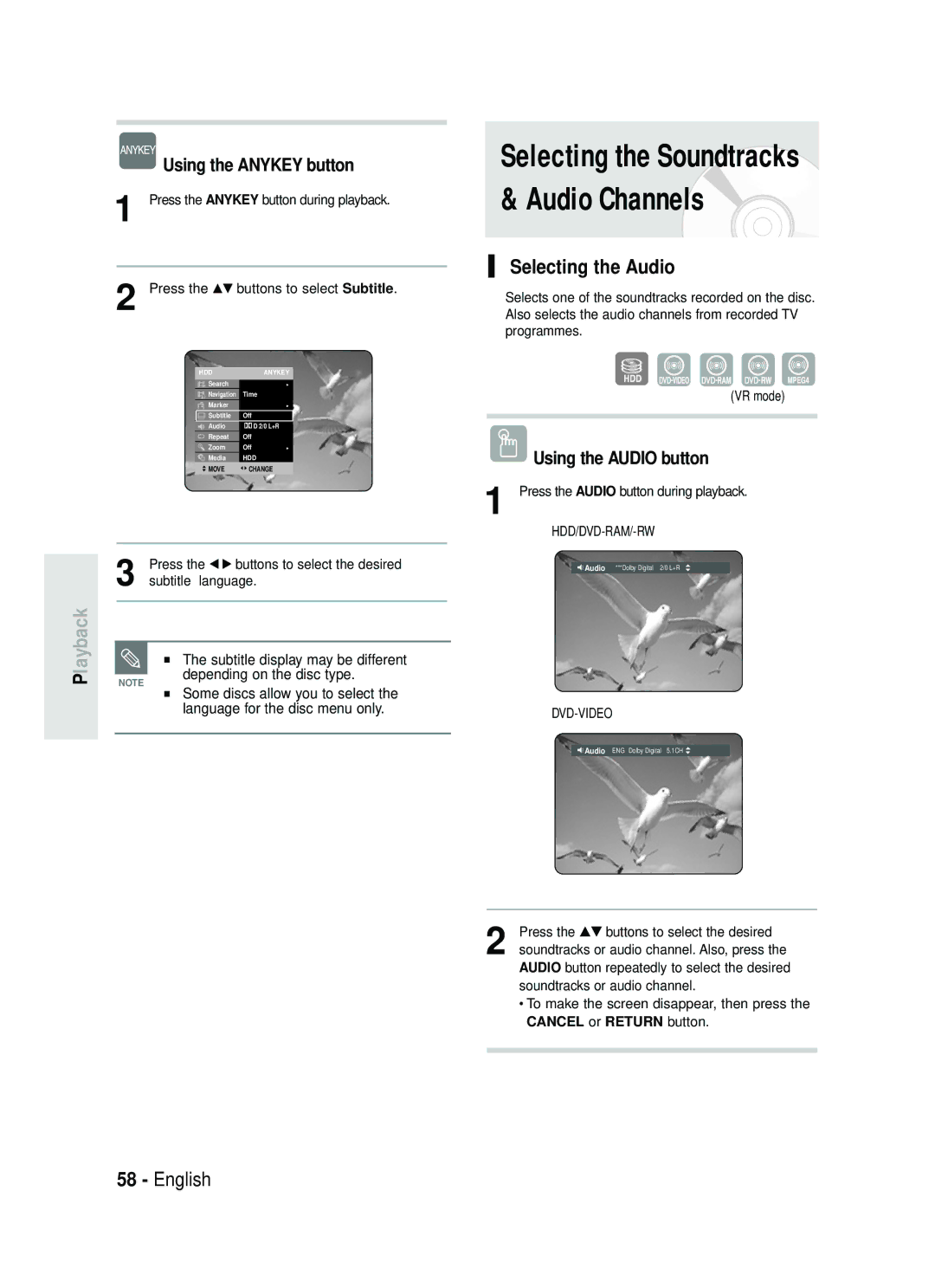 Samsung DVD-HR738 instruction manual Selecting the Audio, Using the Audio button, Press the …† buttons to select Subtitle 