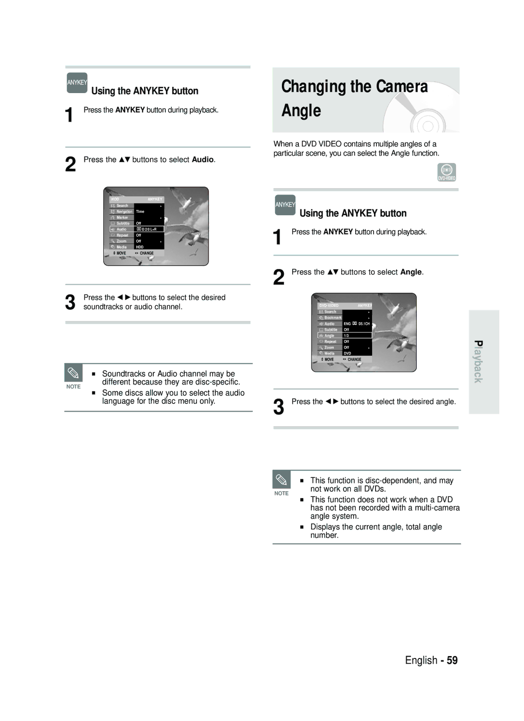 Samsung DVD-HR738 Changing the Camera Angle, Soundtracks or Audio channel may be, Different because they are disc-specific 