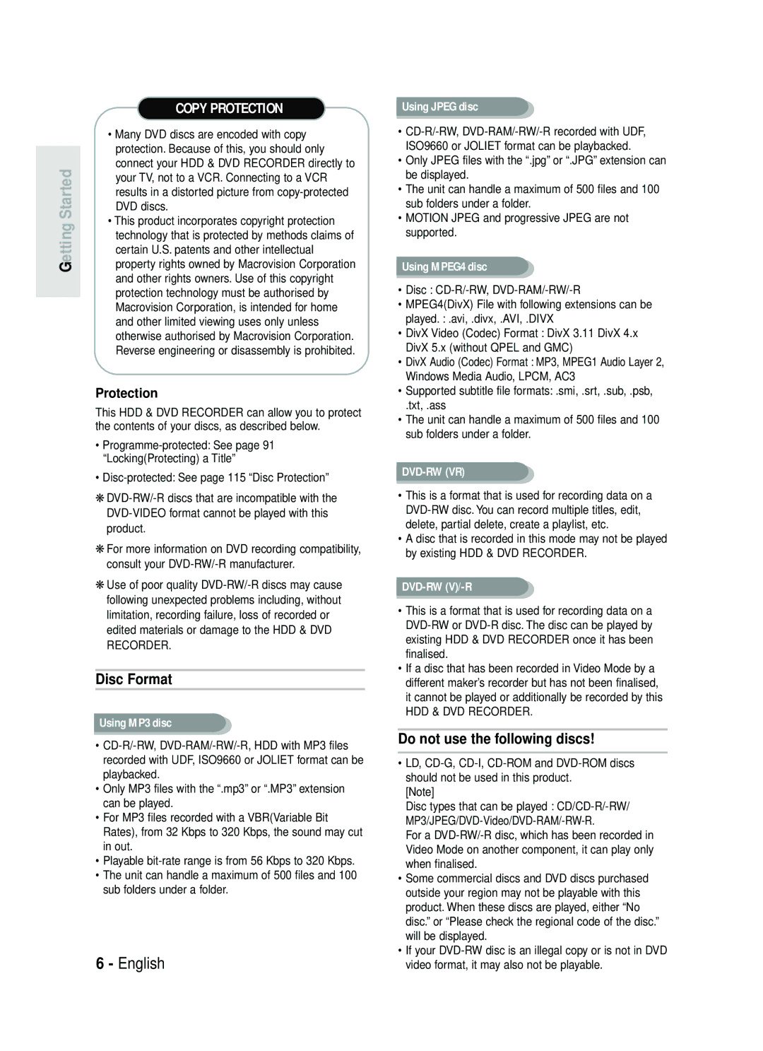 Samsung DVD-HR738 instruction manual Disc Format, Do not use the following discs, Protection 