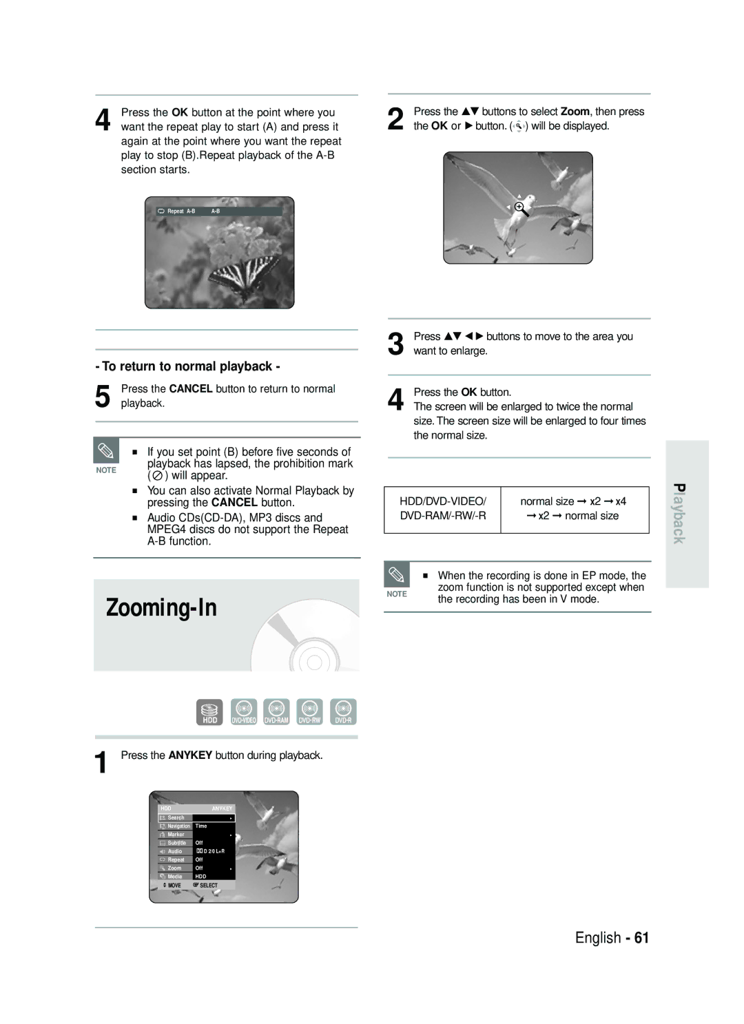 Samsung DVD-HR738 instruction manual Zooming-In, To return to normal playback, If you set point B before five seconds 