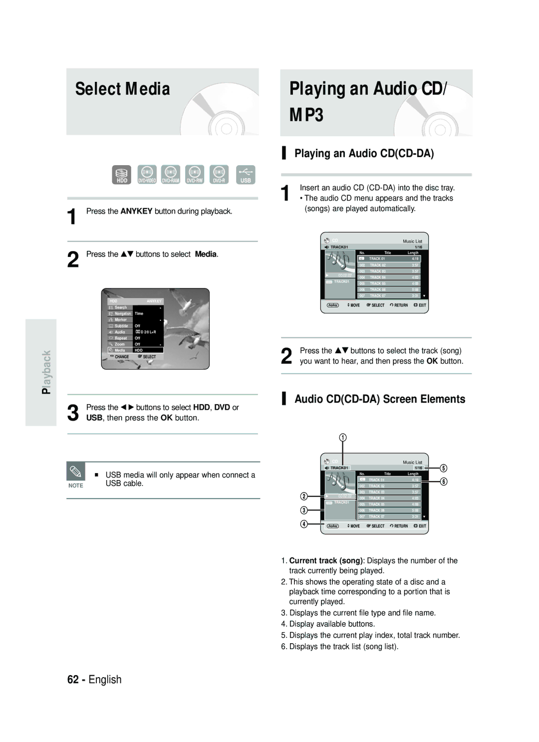 Samsung DVD-HR738 Playing an Audio CD/ MP3, Select Media, Playing an Audio CDCD-DA, Audio CDCD-DA Screen Elements 