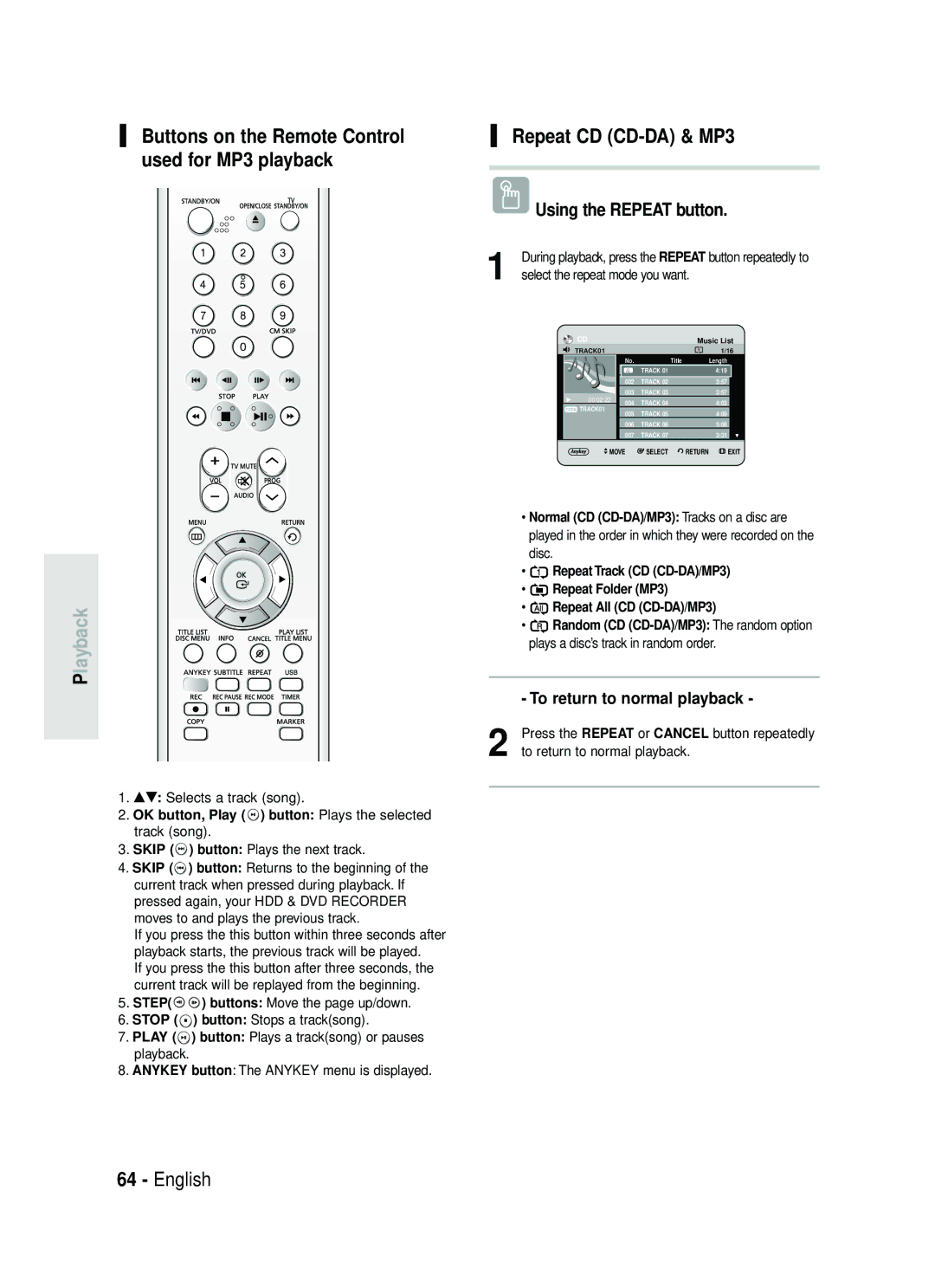 Samsung DVD-HR738 instruction manual Repeat CD CD-DA & MP3, Buttons on the Remote Control used for MP3 playback, Track song 