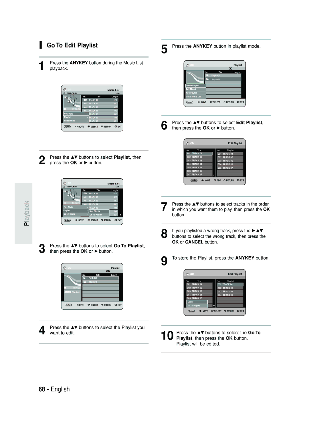 Samsung DVD-HR738 instruction manual Go To Edit Playlist, Press the …† buttons to select Edit Playlist 