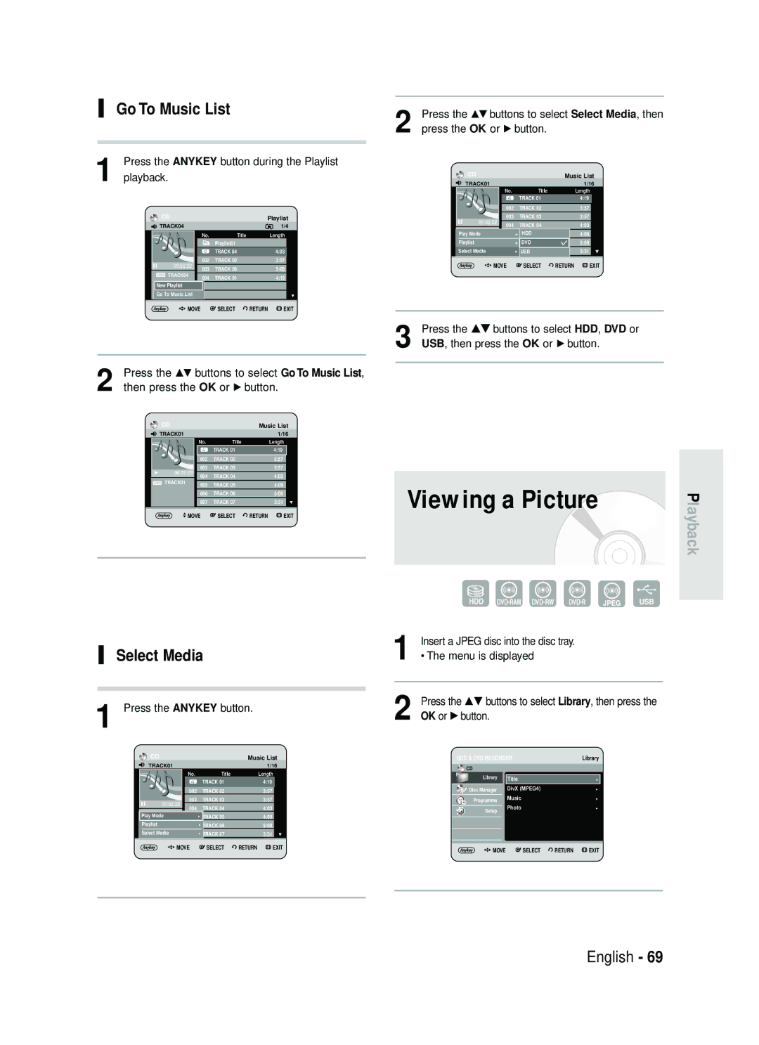 Samsung DVD-HR738 instruction manual Viewing a Picture, Go To Music List, Select Media 