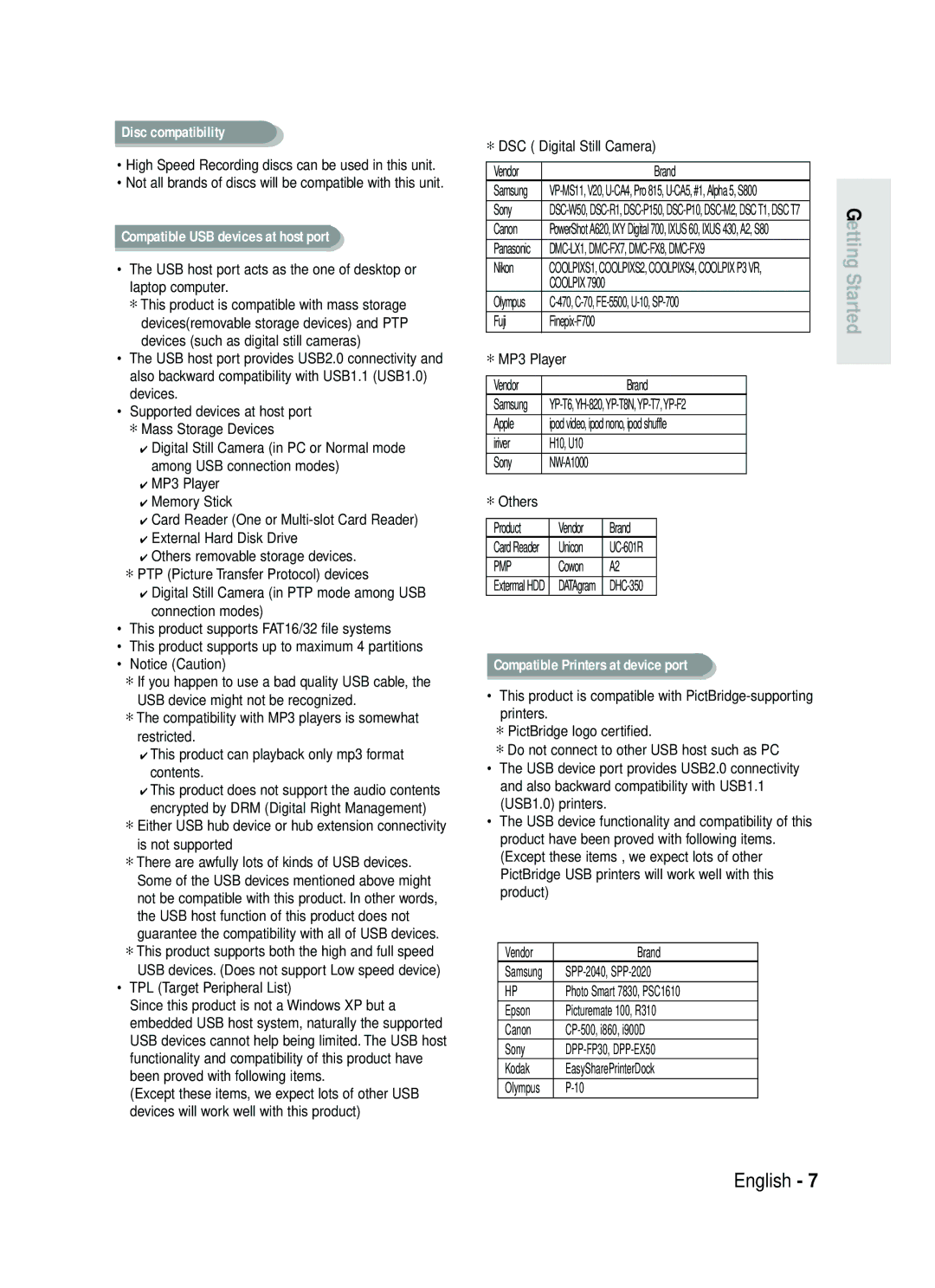 Samsung DVD-HR738 High Speed Recording discs can be used in this unit, TPL Target Peripheral List, Brand, Sony, Canon 