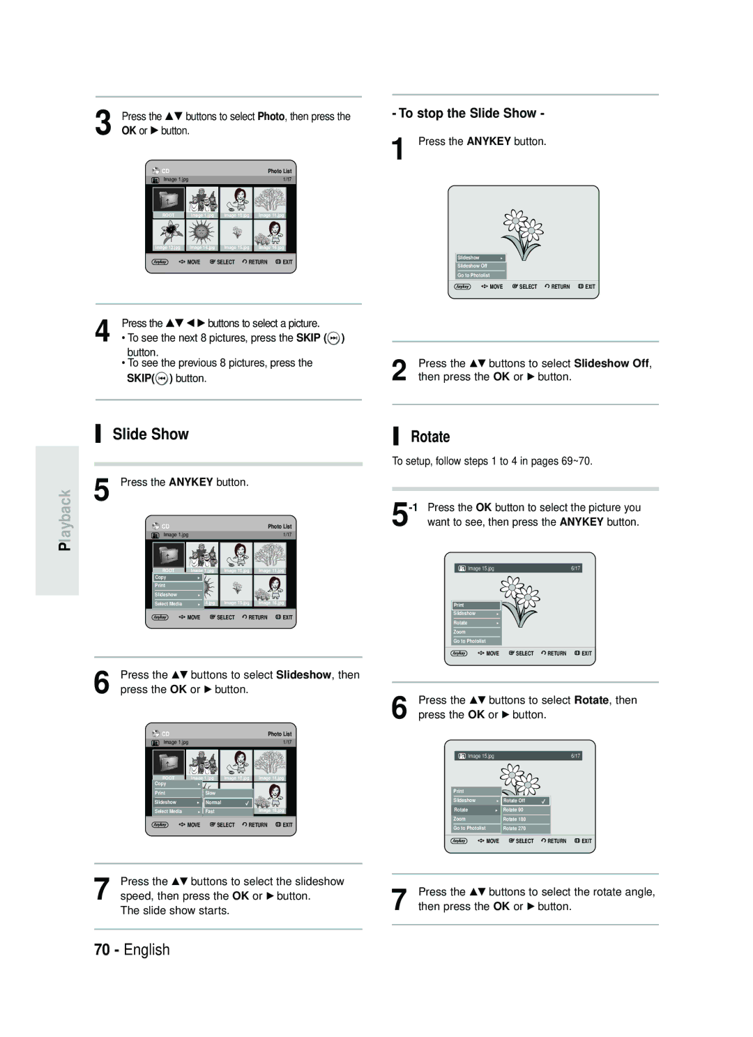 Samsung DVD-HR738 instruction manual Slide Show, Skip button, Press the …† buttons to select Rotate, then 