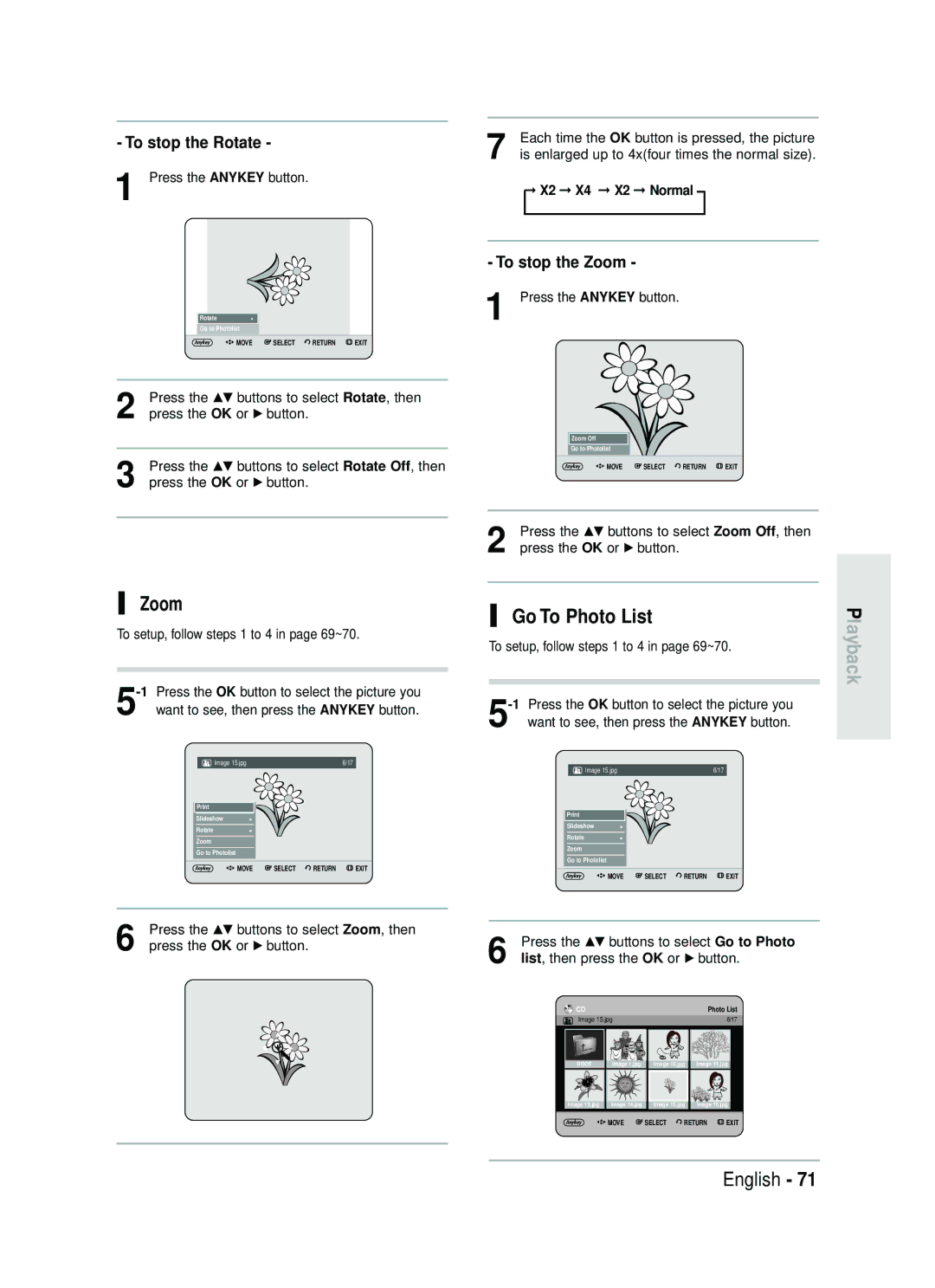 Samsung DVD-HR738 instruction manual Go To Photo List, To stop the Rotate, To stop the Zoom, X2 X4 X2 Normal 