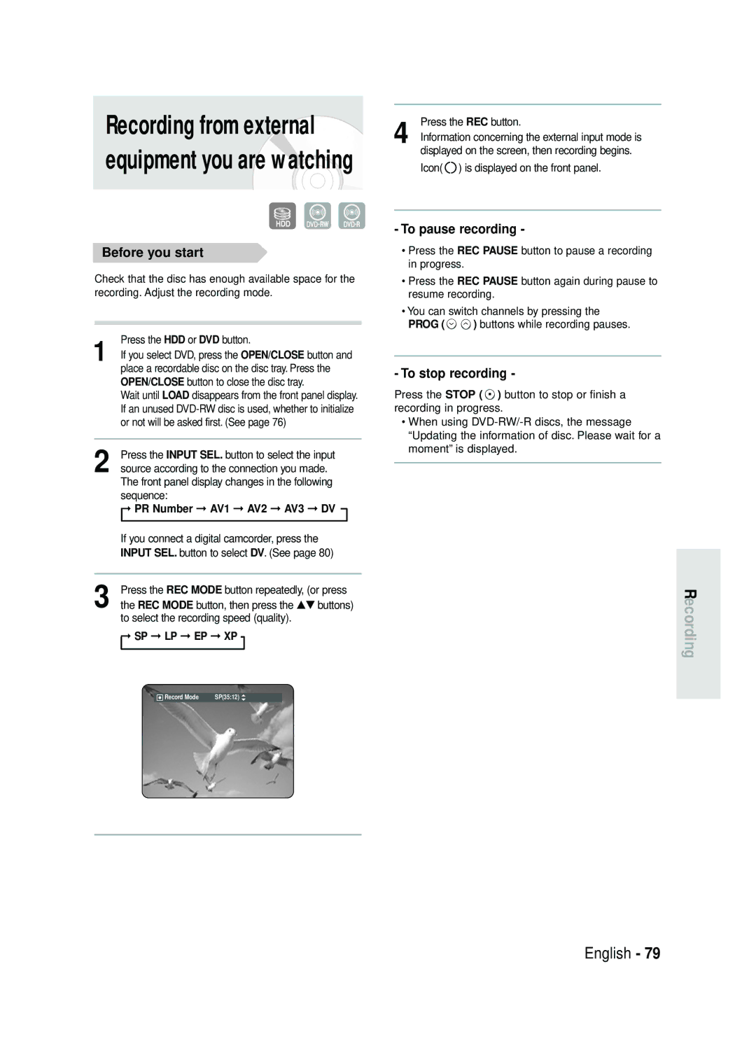 Samsung DVD-HR738 instruction manual Before you start, PR Number AV1 AV2 AV3 DV, Sp Lp Ep Xp 