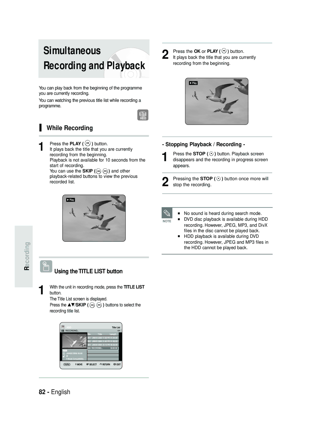 Samsung DVD-HR738 Simultaneous, While Recording, EcordingR Using the Title List button, Stopping Playback / Recording 