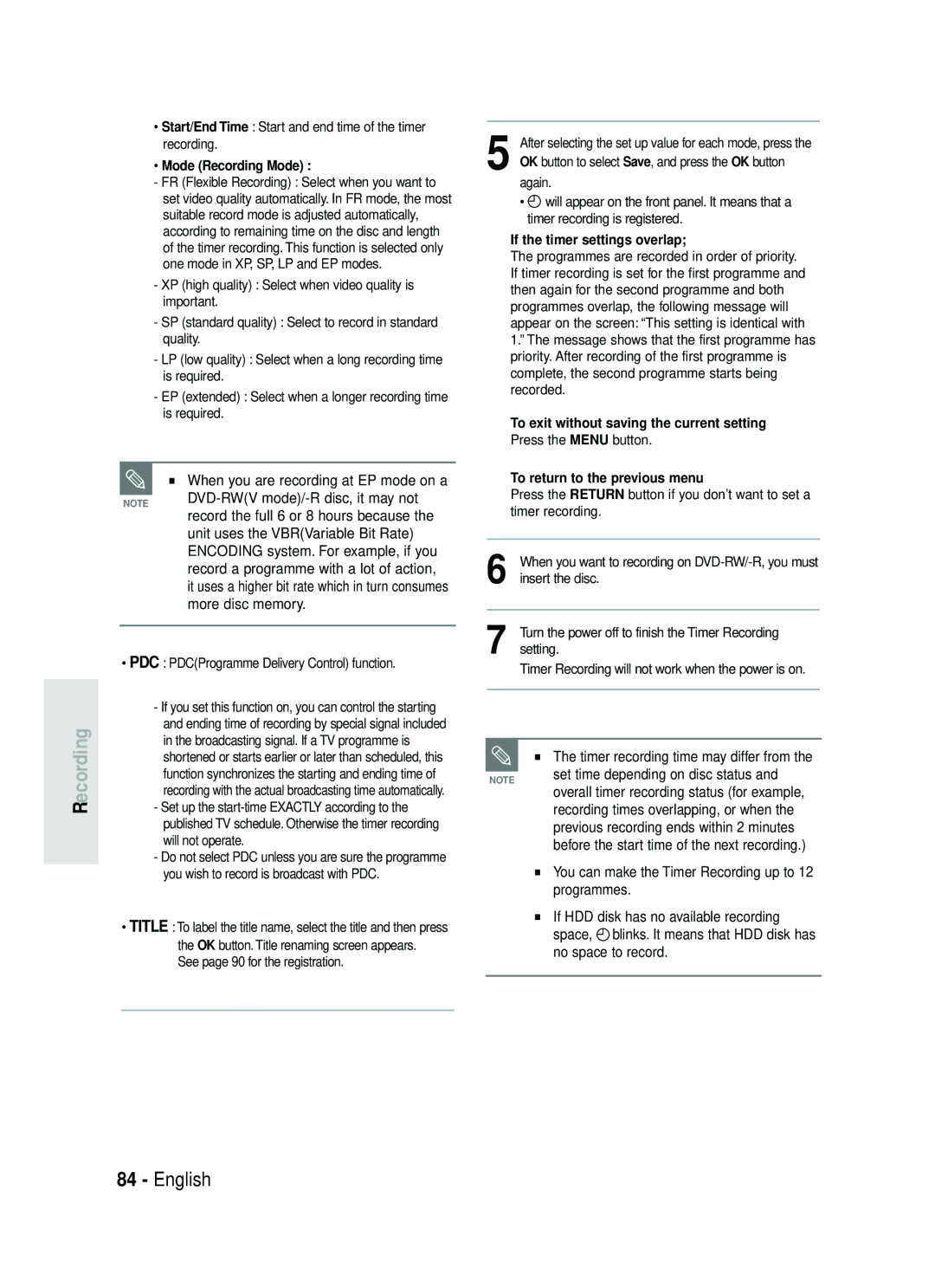 Samsung DVD-HR738 More disc memory, Set time depending on disc status, Mode Recording Mode, If the timer settings overlap 