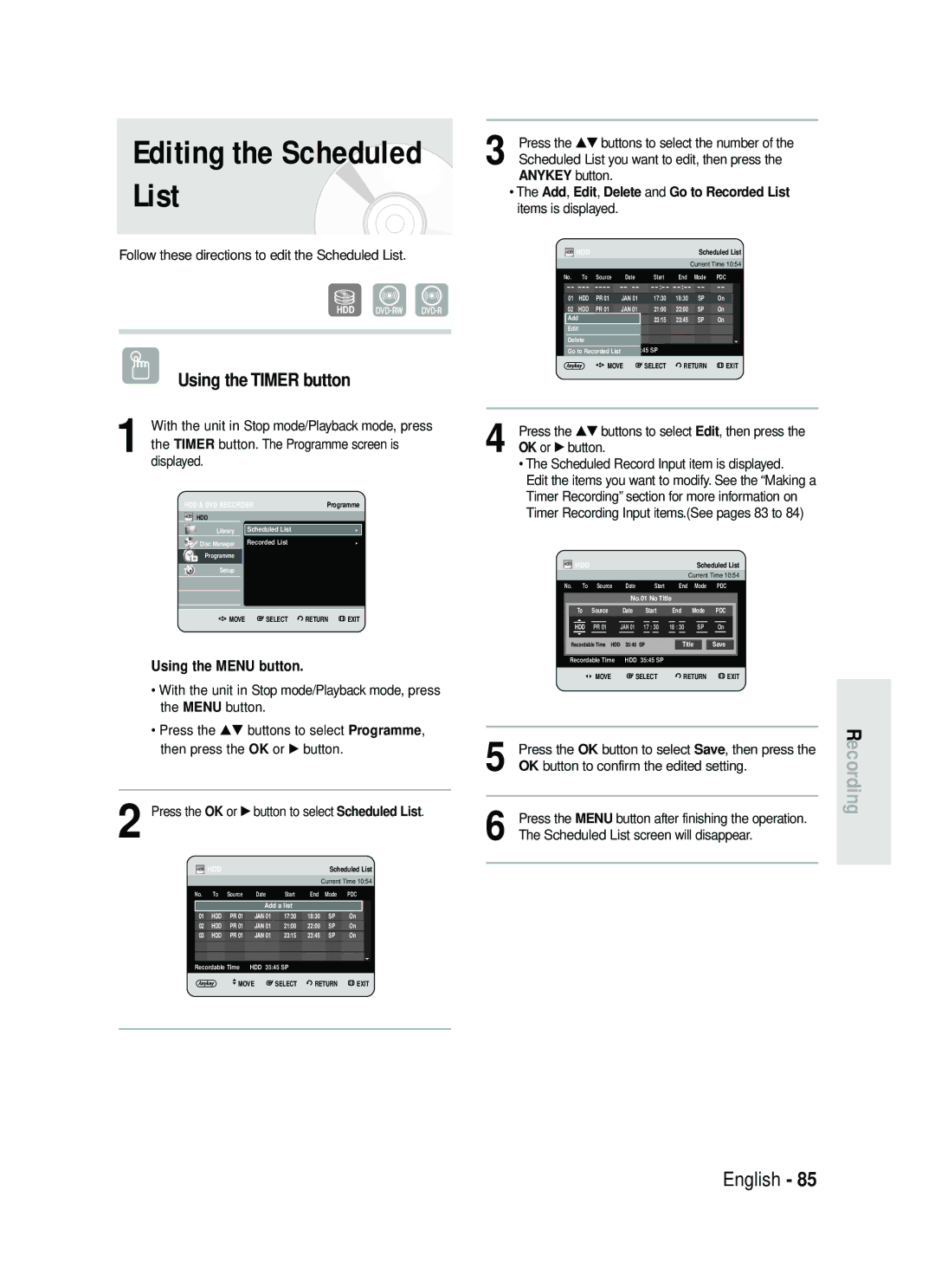 Samsung DVD-HR738 instruction manual Editing the Scheduled List 