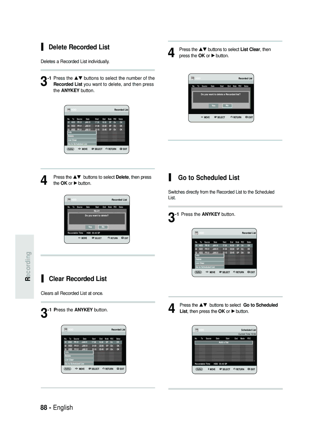 Samsung DVD-HR738 instruction manual Delete Recorded List, Clear Recorded List, Go to Scheduled List 