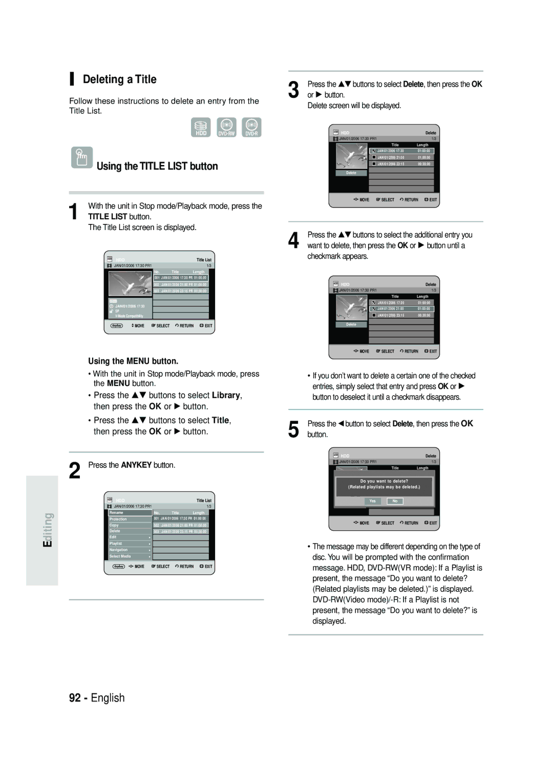 Samsung DVD-HR738 instruction manual Deleting a Title, Or √ button 