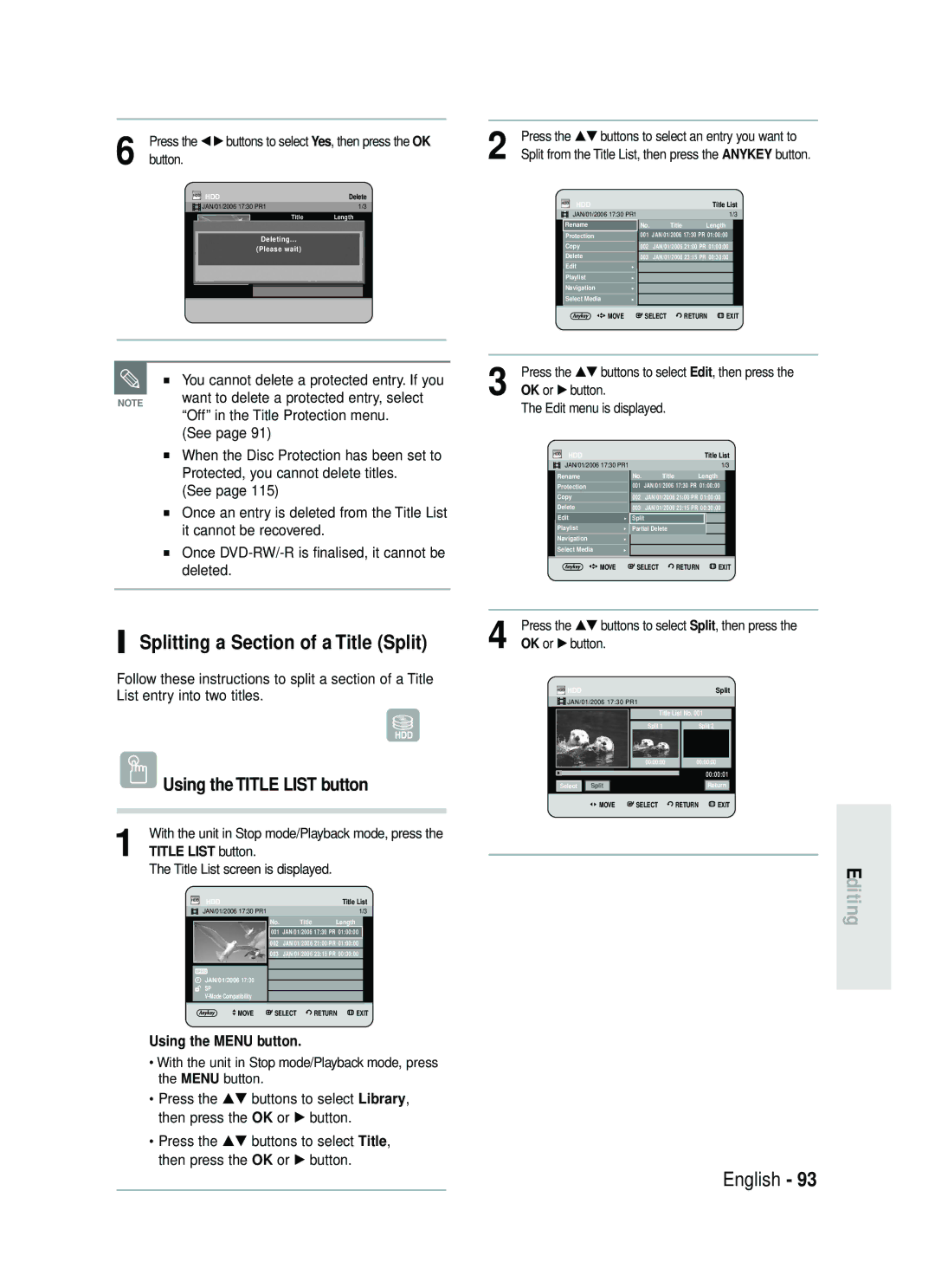 Samsung DVD-HR738 Splitting a Section of a Title Split, Press the œ√buttons to select Yes, then press the OK 