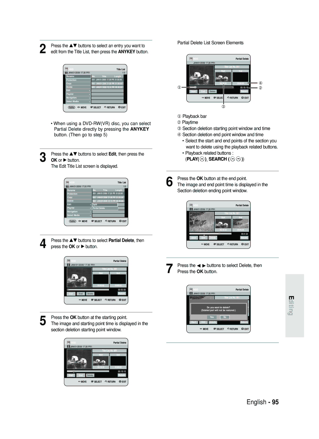 Samsung DVD-HR738 instruction manual Press the OK button at the starting point, Press the OK button at the end point 