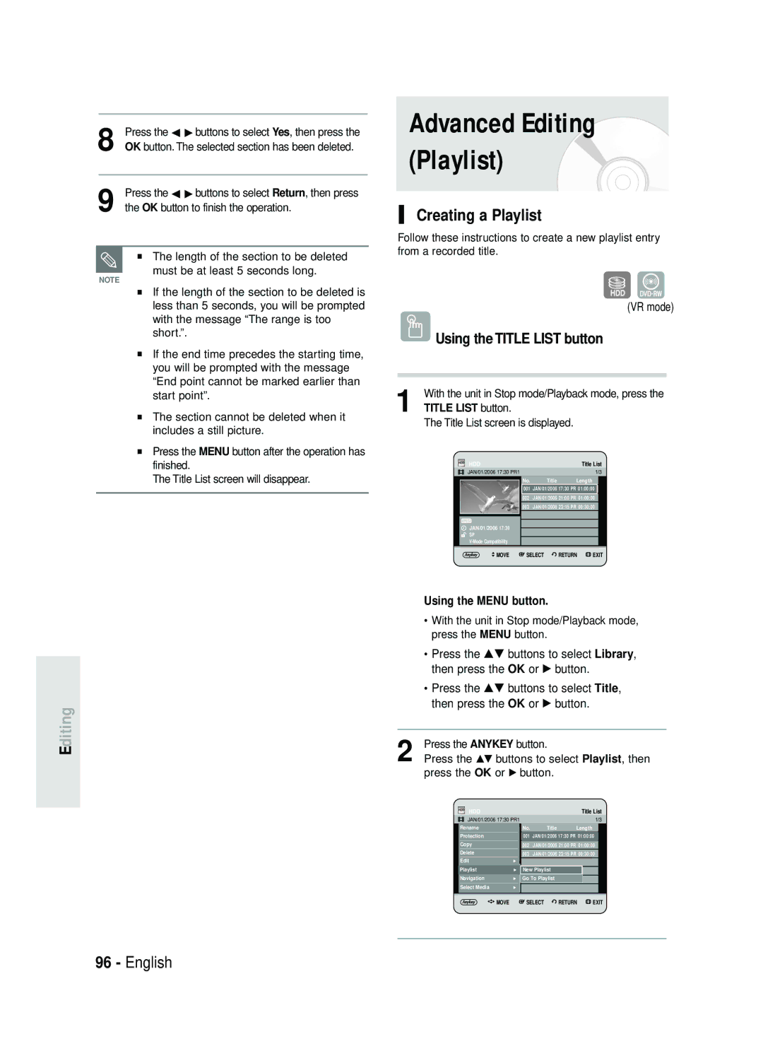 Samsung DVD-HR738 instruction manual Creating a Playlist, Press the …† buttons to select Playlist, then 