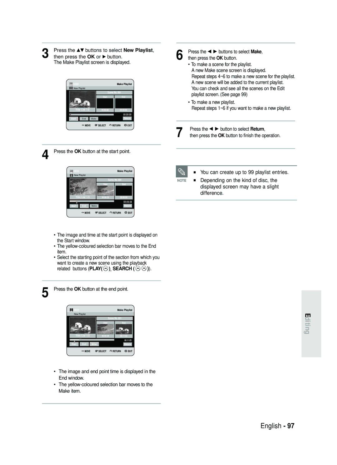 Samsung DVD-HR738 instruction manual You can create up to 99 playlist entries, Depending on the kind of disc, Difference 