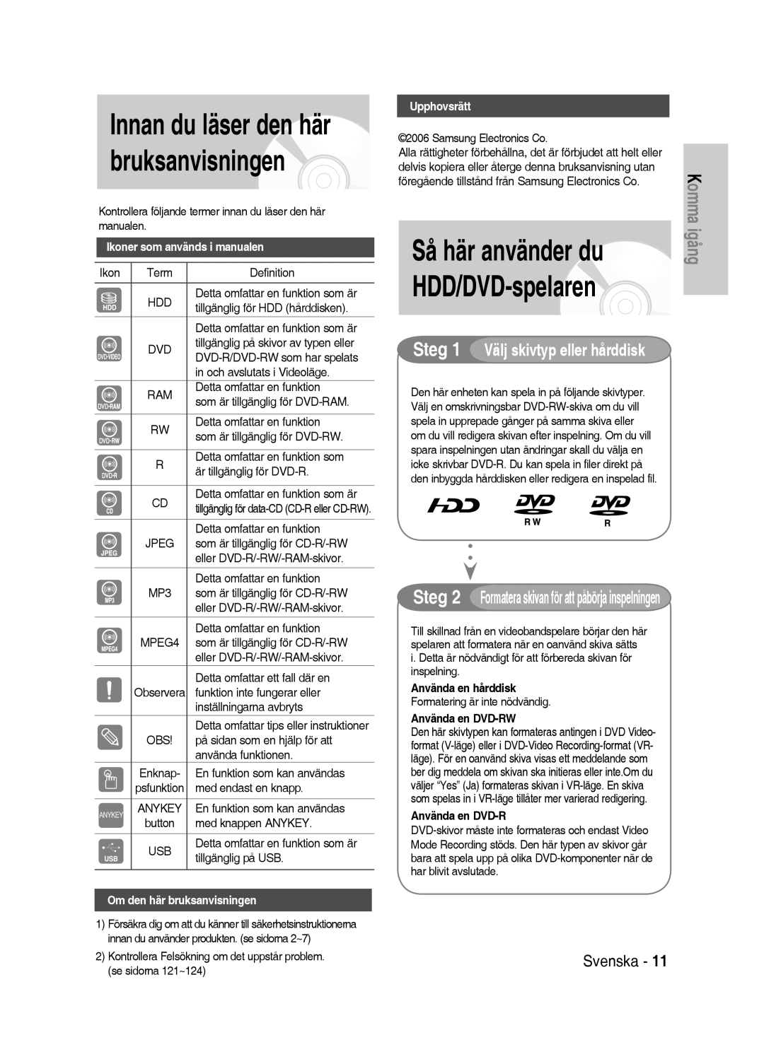 Samsung DVD-HR738/XEE manual Så här använder du, Innan du läser den här bruksanvisningen 