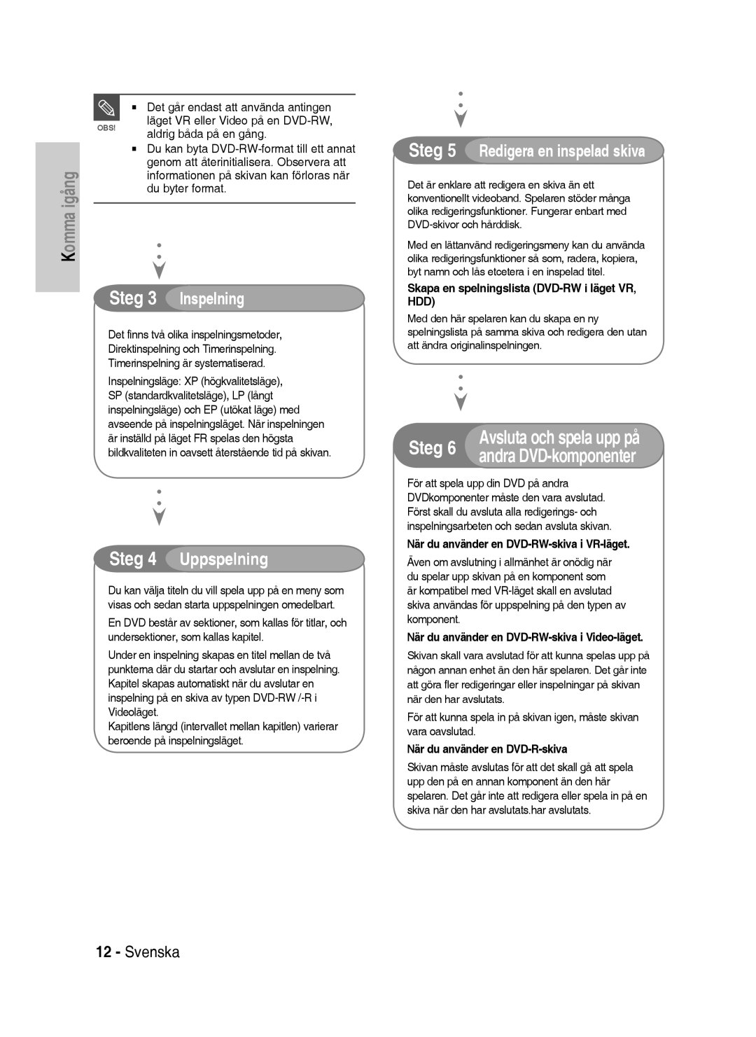 Samsung DVD-HR738/XEE manual Avsluta och spela upp på, Andra DVD-komponenter 