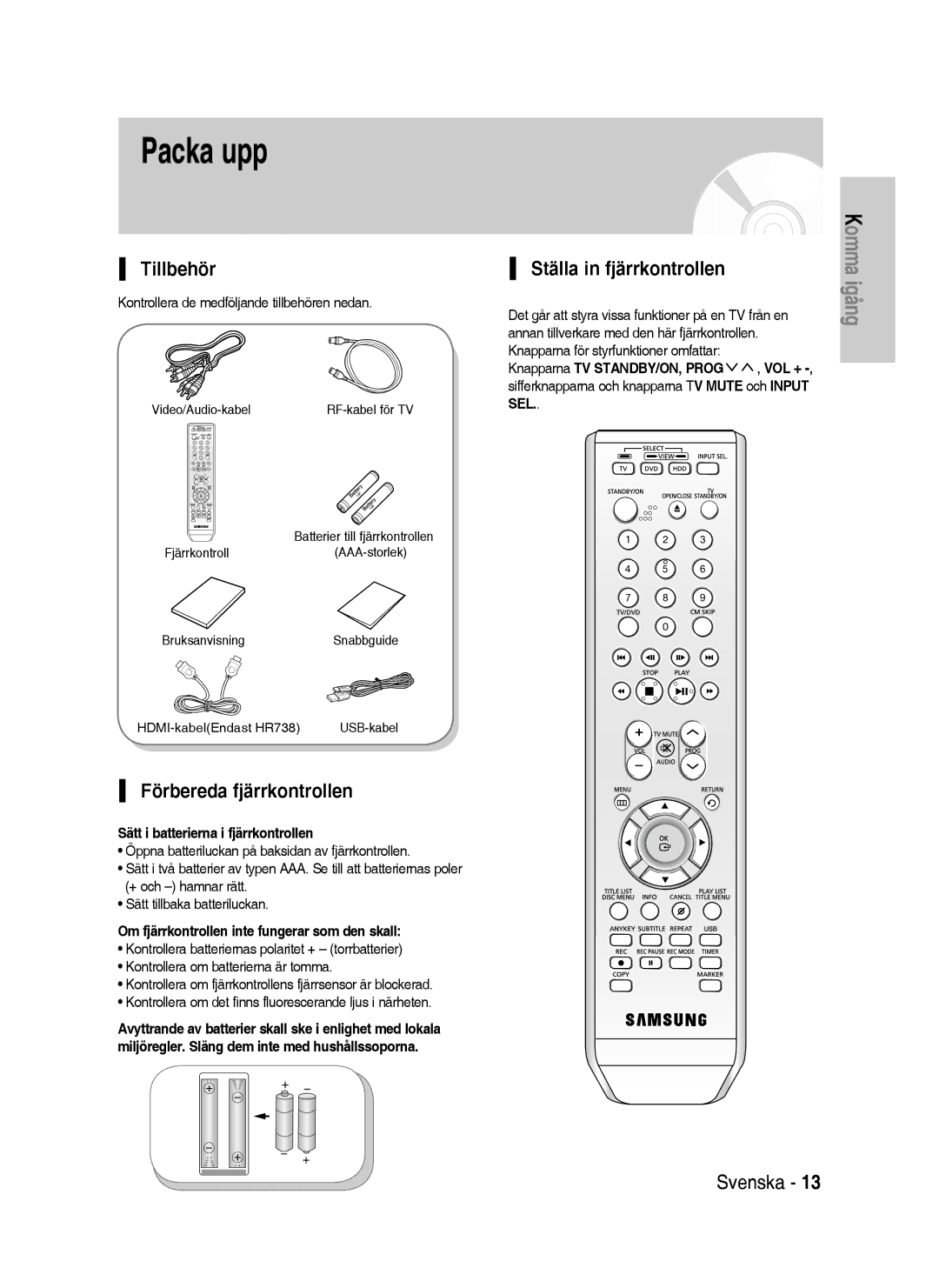 Samsung DVD-HR738/XEE manual Packa upp, Tillbehör, Ställa in fjärrkontrollen, Förbereda fjärrkontrollen 