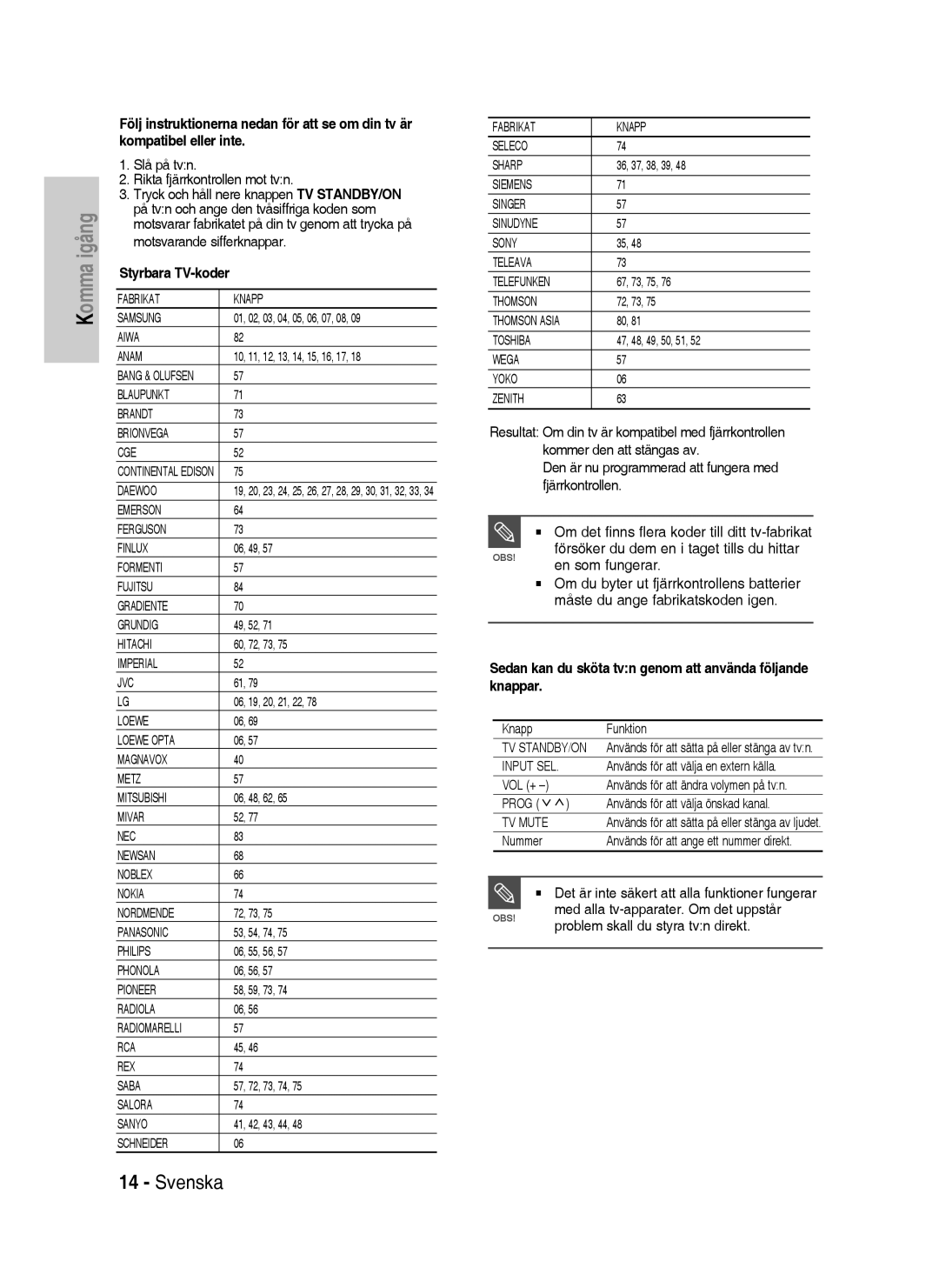 Samsung DVD-HR738/XEE manual Styrbara TV-koder, Sedan kan du sköta tvn genom att använda följande knappar 