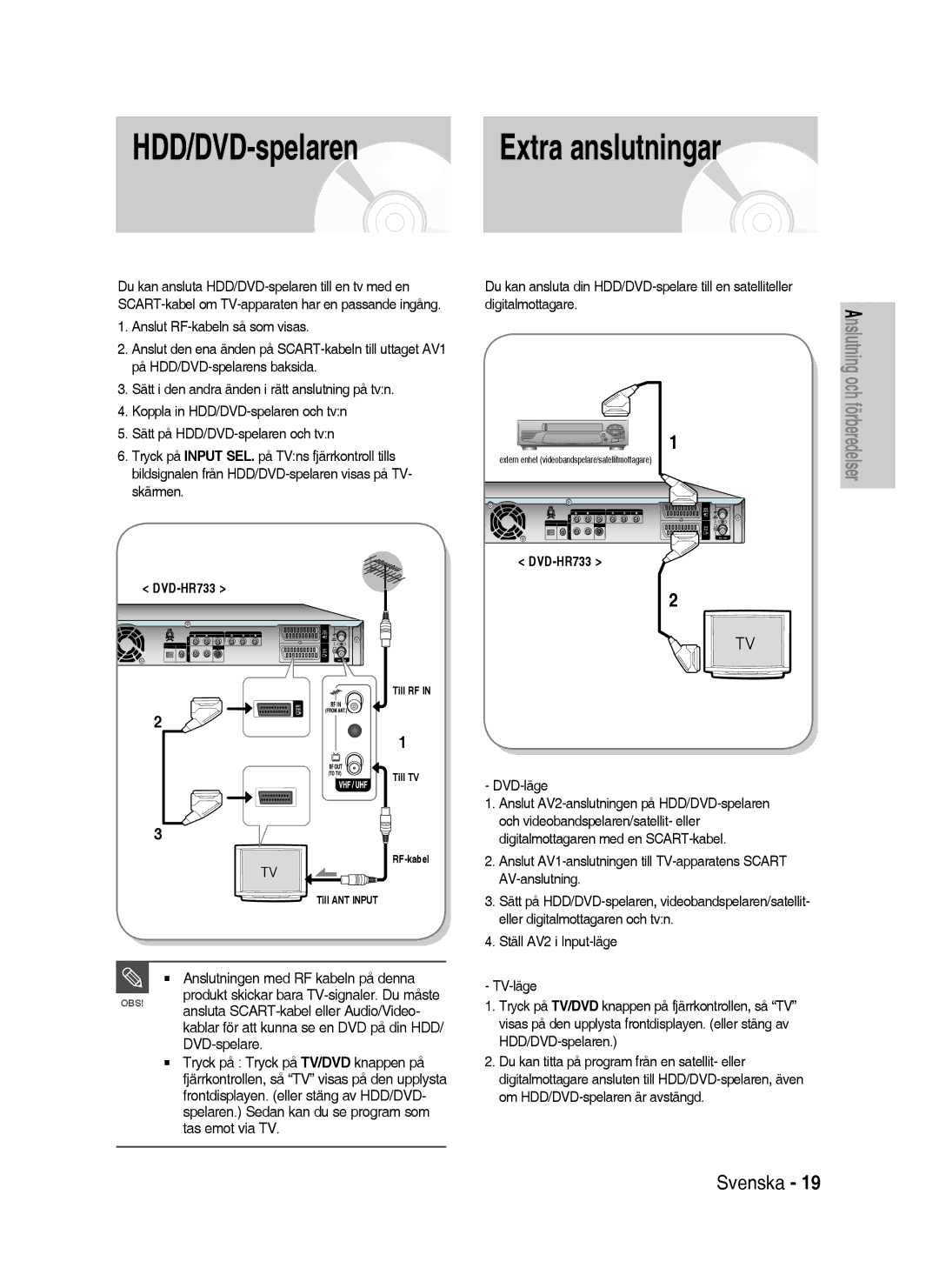 Samsung DVD-HR738/XEE manual Extra anslutningar, Anslutningen med RF kabeln på denna, DVD-spelare, DVD-läge 