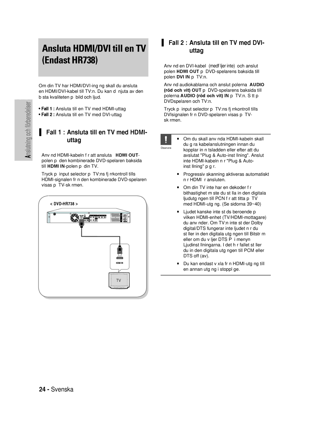 Samsung DVD-HR738/XEE manual Uttag, Fall 2 Ansluta till en TV med DVI- uttag, Fall 1 Ansluta till en TV med Hdmi 