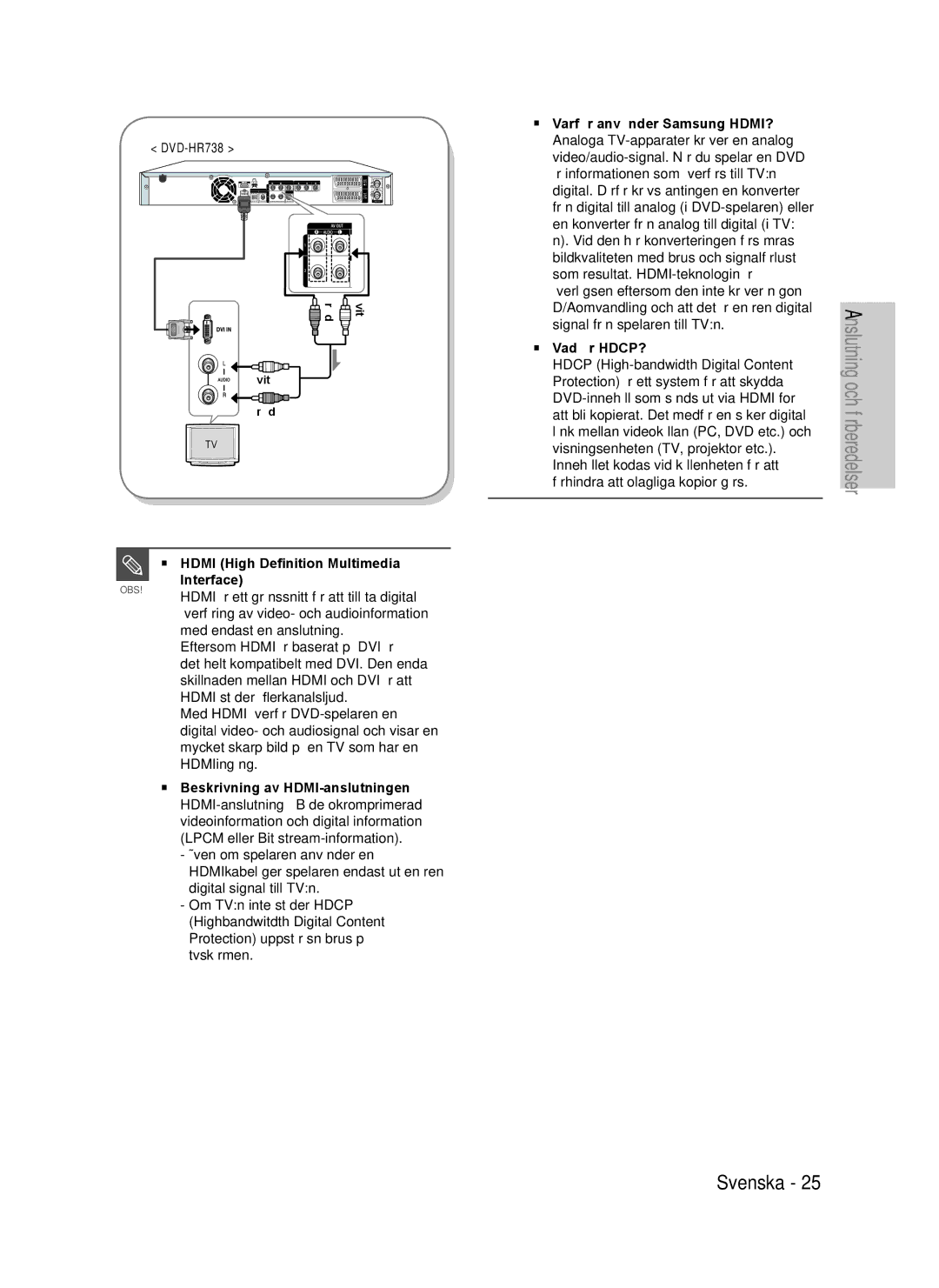 Samsung DVD-HR738/XEE manual Hdmi är ett gränssnitt för att tillåta digital, Överföring av video- och audioinformation 