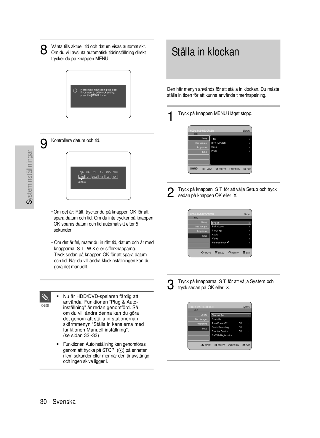 Samsung DVD-HR738/XEE manual Ställa in klockan, Kontrollera datum och tid, Tryck på knappen, Tryck på knapparna 